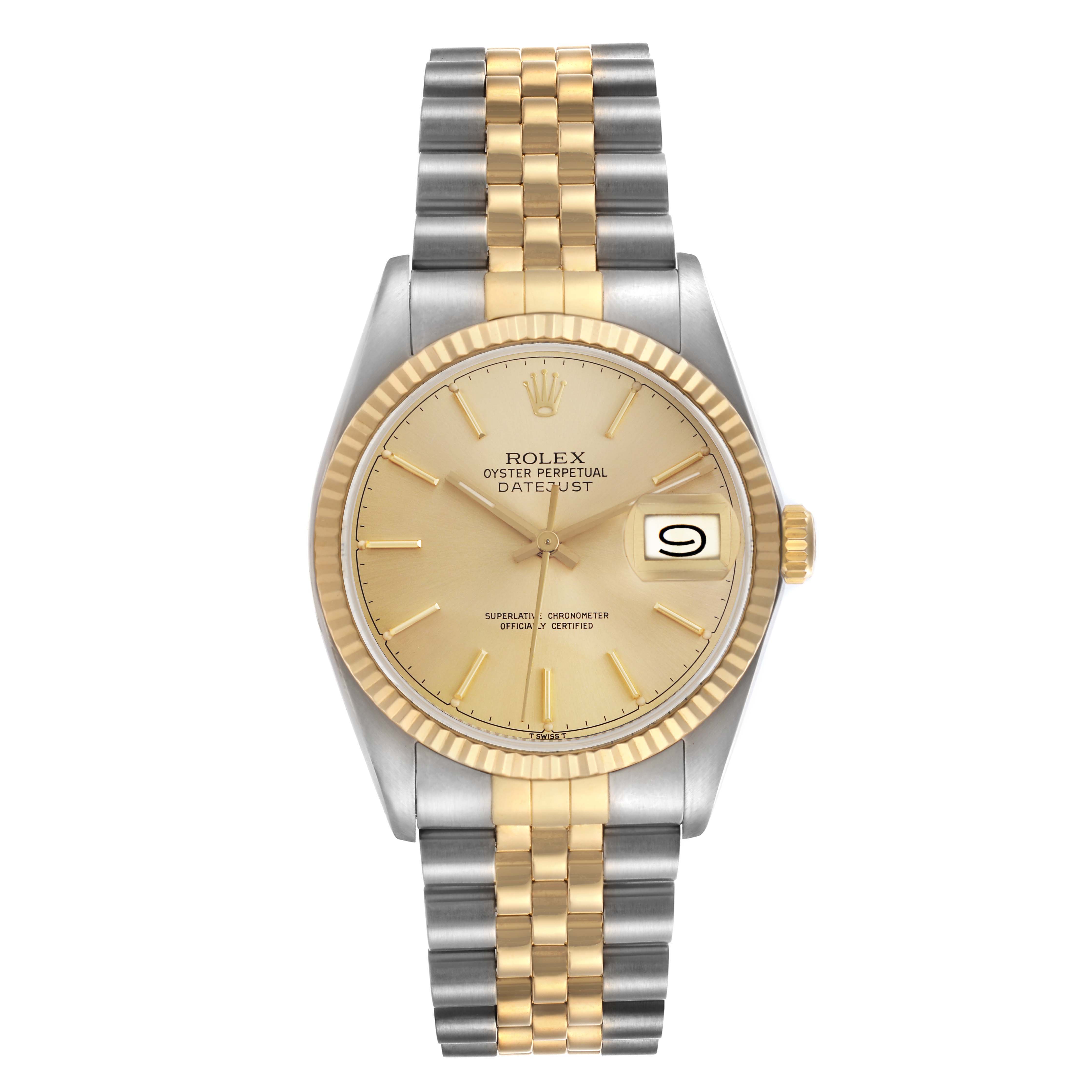 The Rolex Datejust 16013 Men
s Steel and Gold (two tone) Champagne Dial 16013 Men
s Steel and Gold (two tone) Champagne Dial watch is shown from a top view, highlighting its dial, bezel, and bracelet.