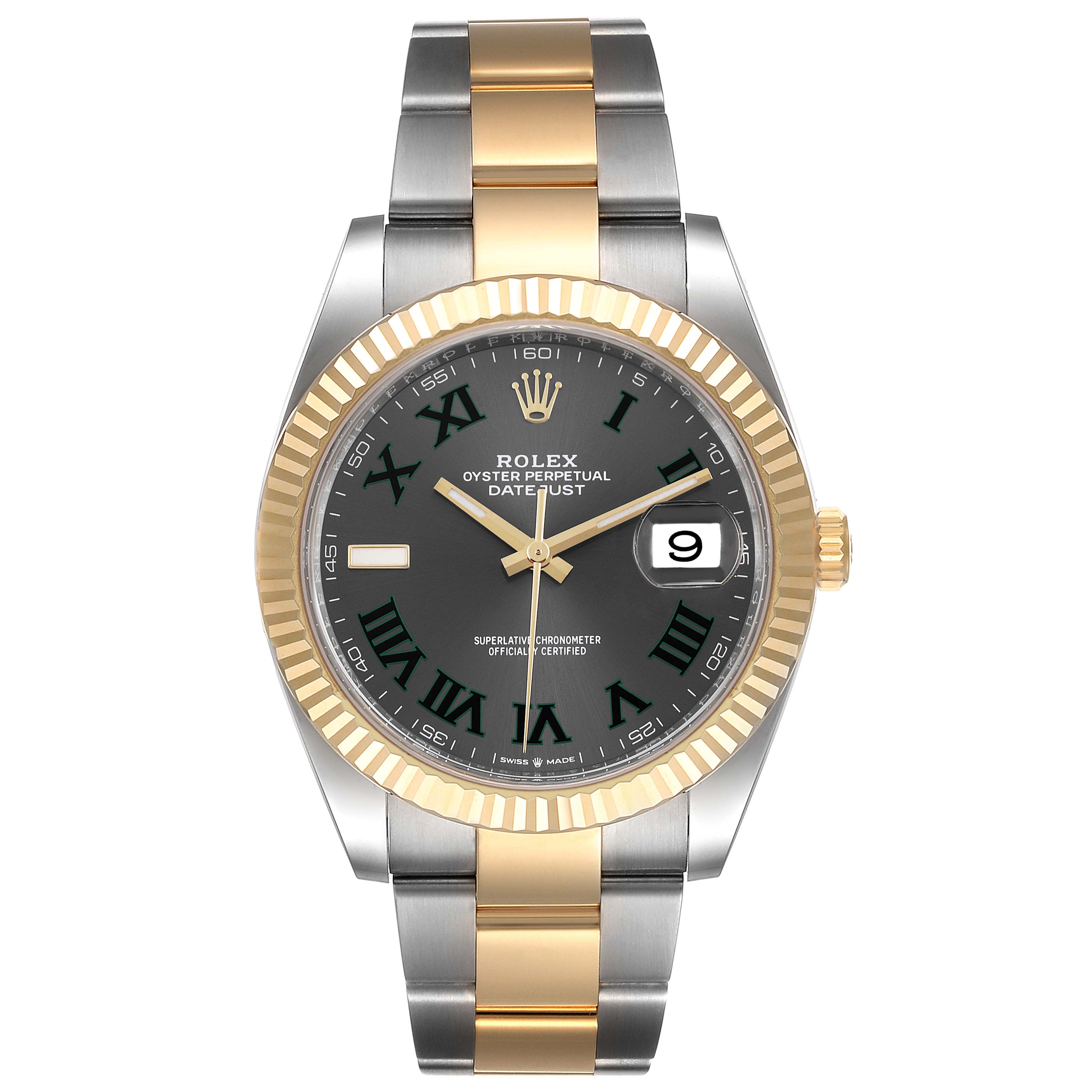 The image shows a straight-on view of a Rolex Datejust 41 126333 Men's Steel and Gold (two tone) Grey Dial 126333 Men's Steel and Gold (two tone) Grey Dial watch, highlighting its dual-tone bracelet, fluted bezel, and black dial.