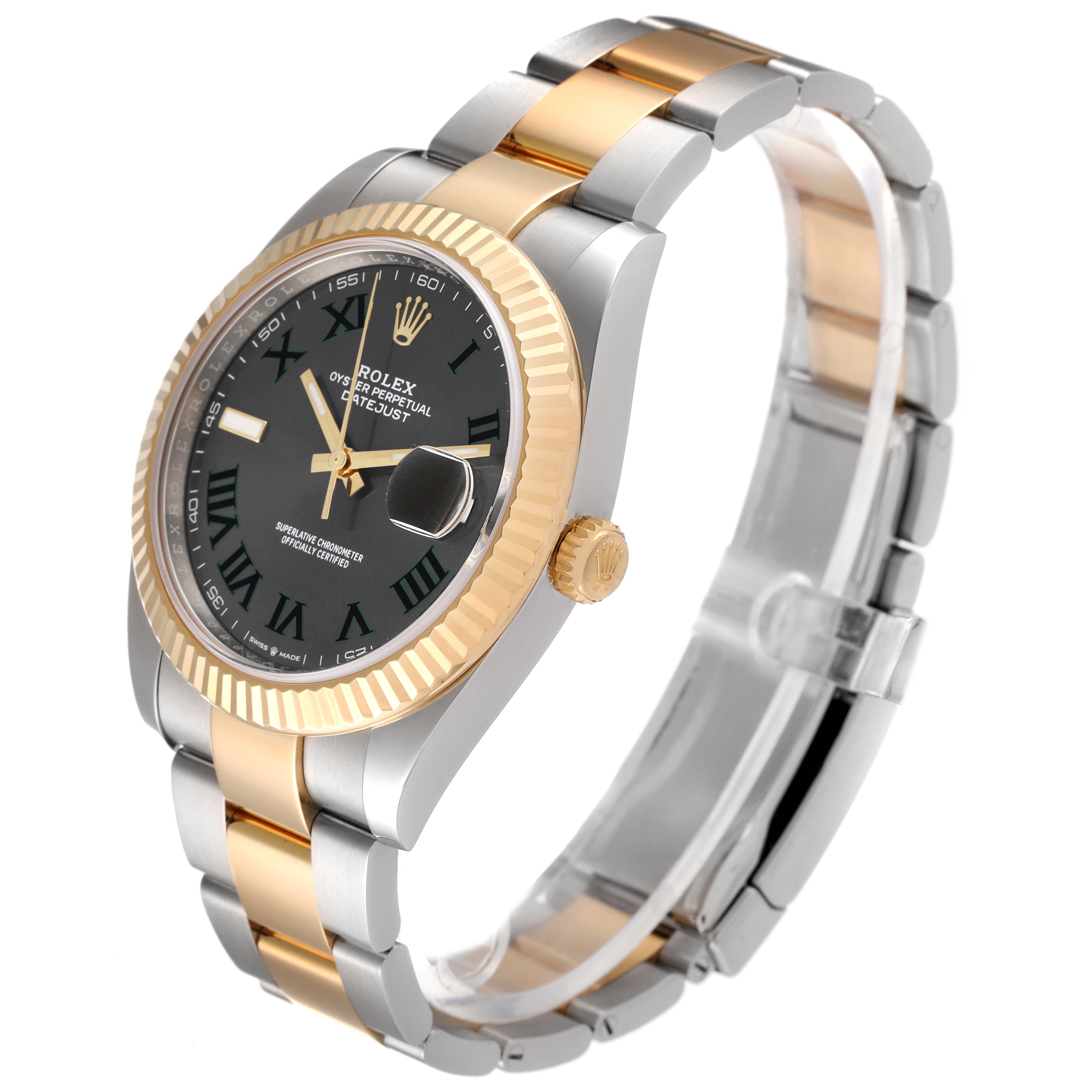The image shows a Rolex Datejust 41 126333 Men's Steel and Gold (two tone) Grey Dial 126333 Men's Steel and Gold (two tone) Grey Dial watch at an angled side view, highlighting the two-tone bracelet, crown, and fluted bezel.