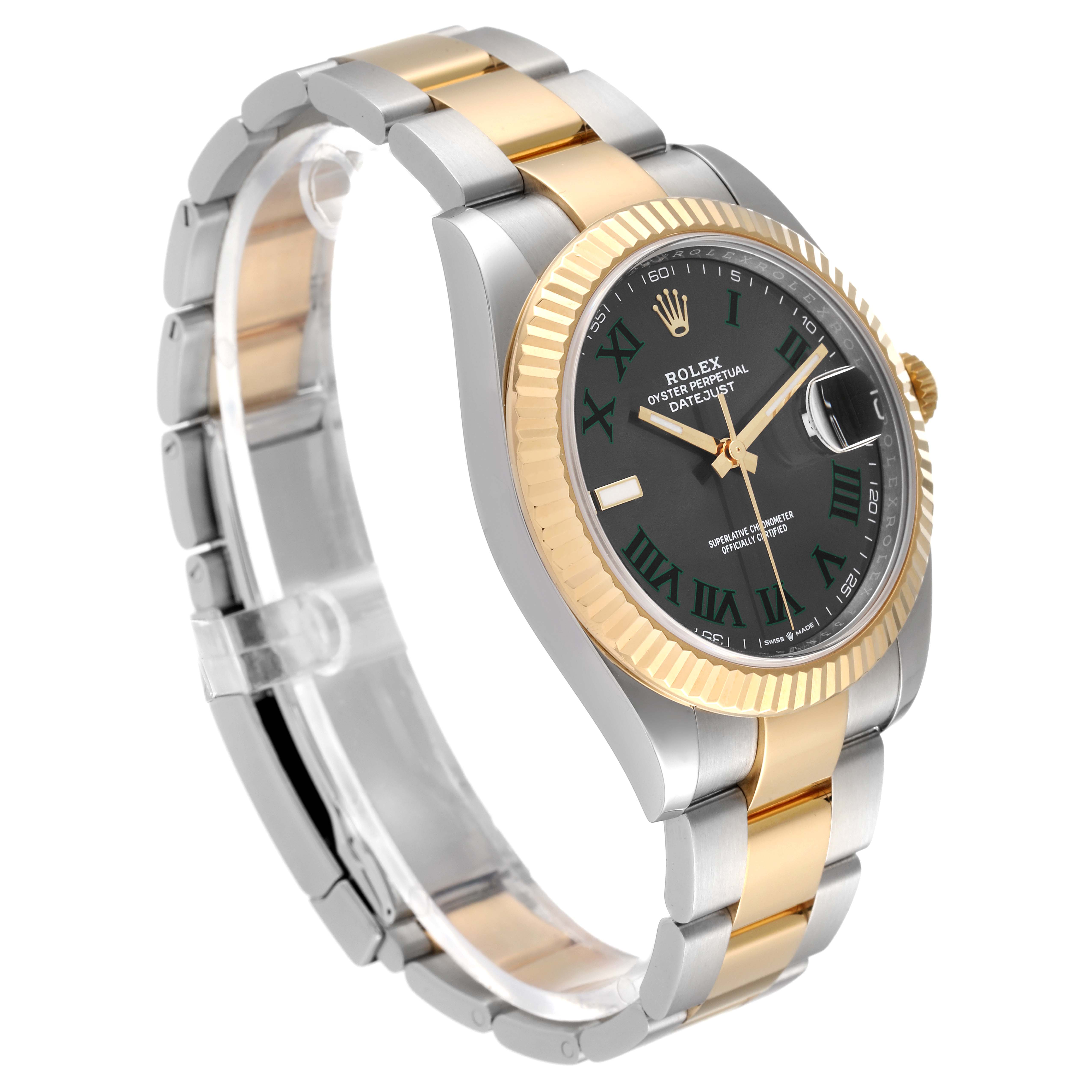 This image shows the Rolex Datejust 41 126333 Men's Steel and Gold (two tone) Grey Dial 126333 Men's Steel and Gold (two tone) Grey Dial watch from a slight left side angle featuring its case, bracelet, and face.