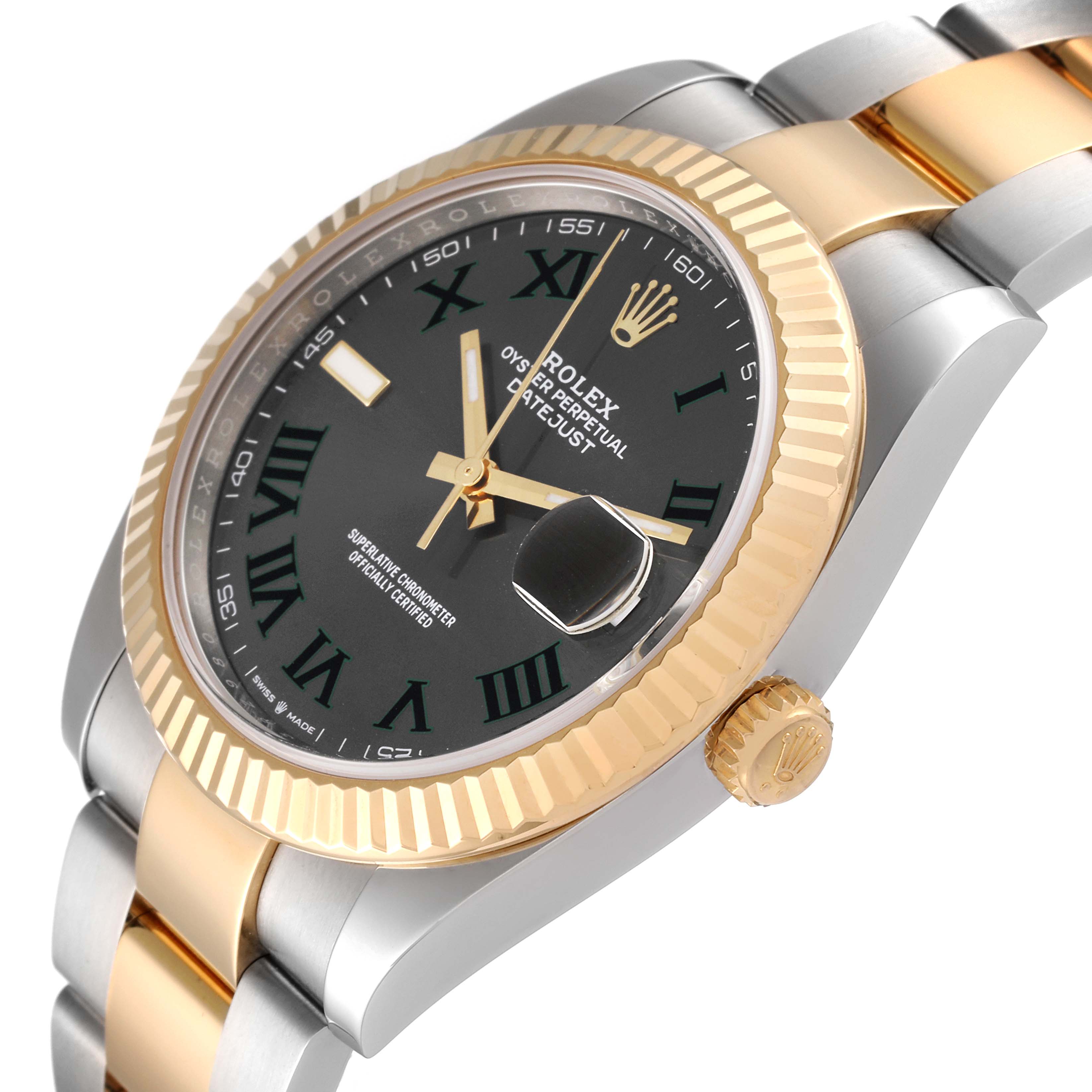The image shows a Rolex Datejust 41 126333 Men's Steel and Gold (two tone) Grey Dial 126333 Men's Steel and Gold (two tone) Grey Dial watch at an angled view highlighting its black dial, gold bezel, and two-tone bracelet.