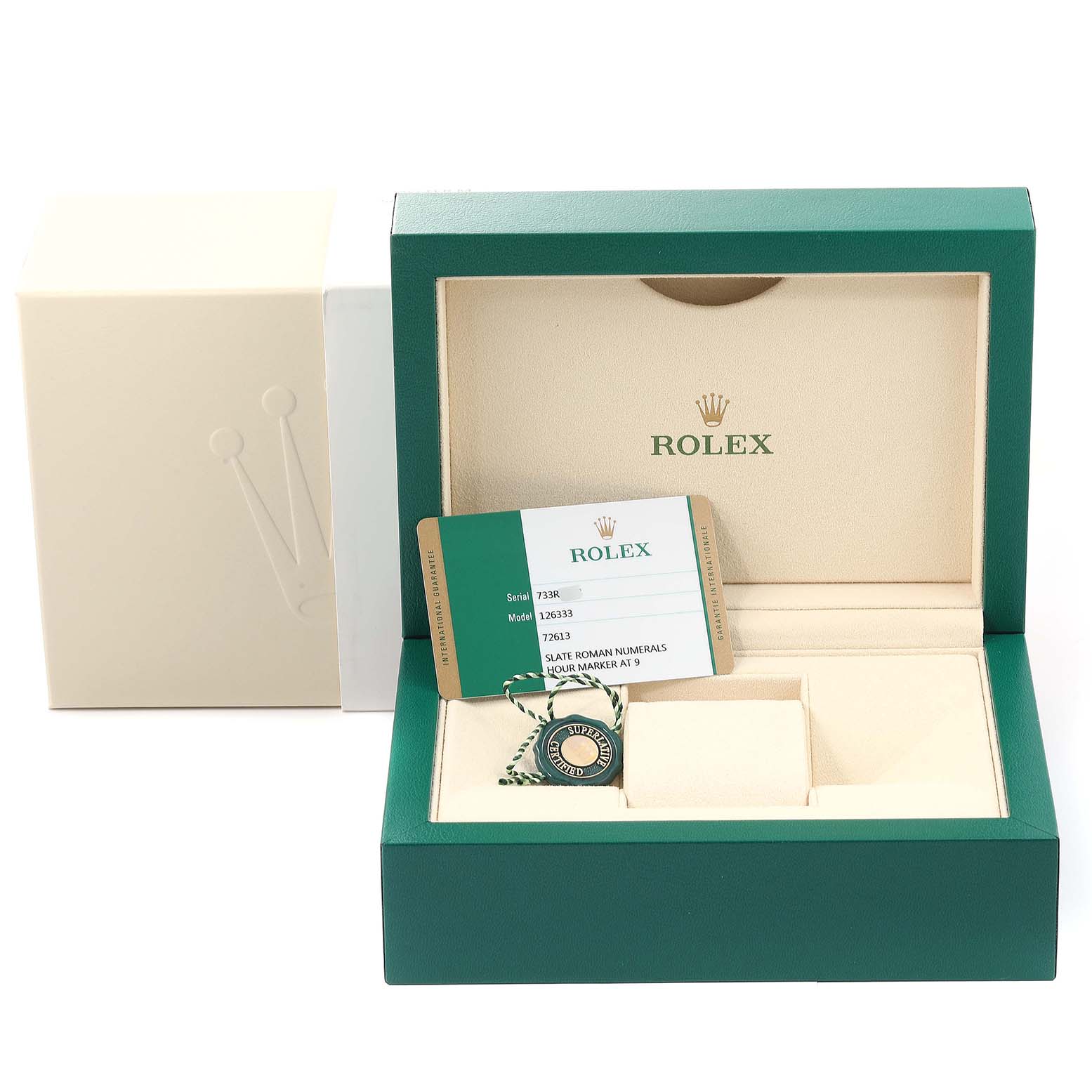 The image shows an open Rolex Datejust 41 126333 Men's Steel and Gold (two tone) Grey Dial 126333 Men's Steel and Gold (two tone) Grey Dial watch box with an authentication card and tag inside, viewed from the front.