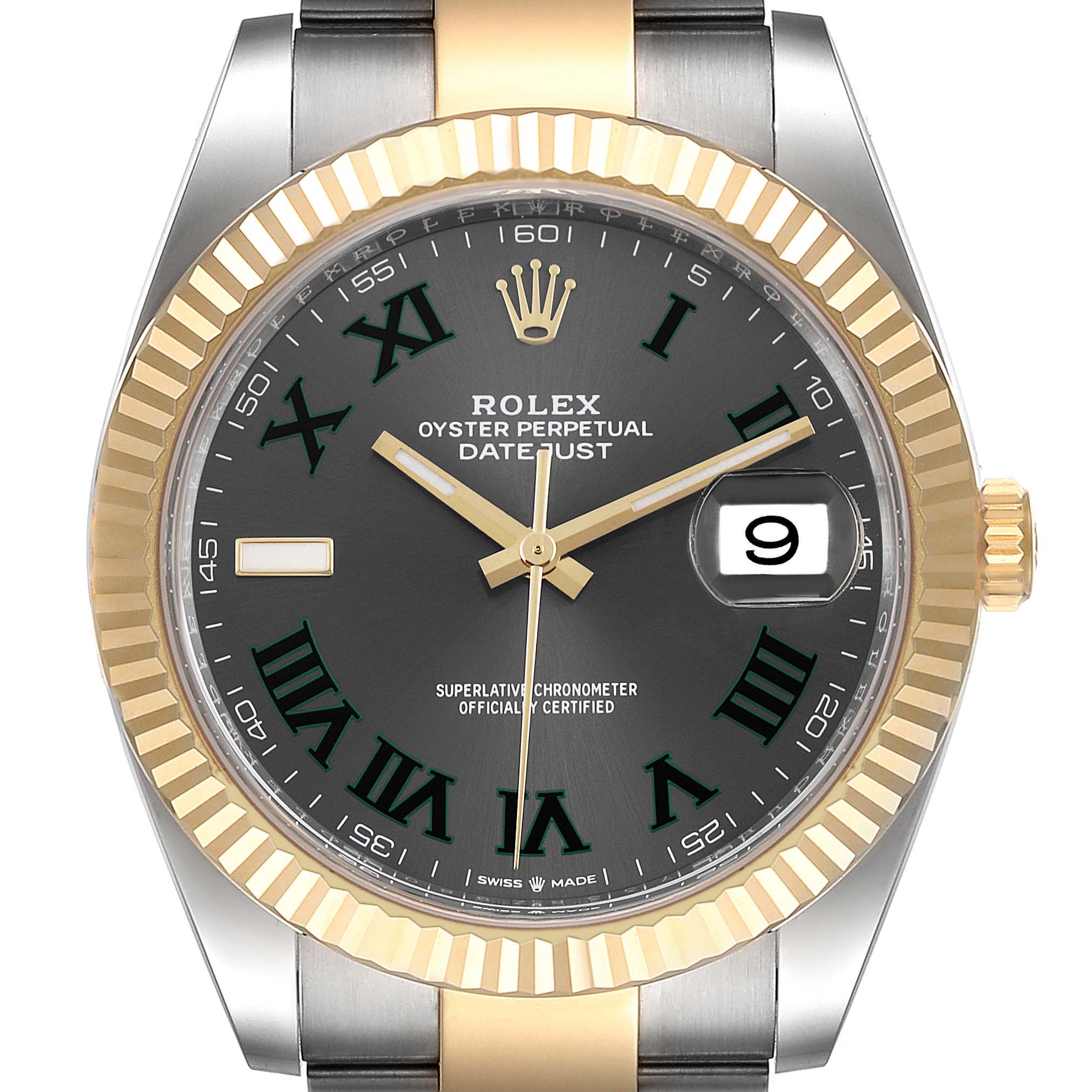 This image shows a Rolex Datejust 41 126333 Men's Steel and Gold (two tone) Grey Dial 126333 Men's Steel and Gold (two tone) Grey Dial model watch from a front angle highlighting the face, bezel, date window, and part of the strap.
