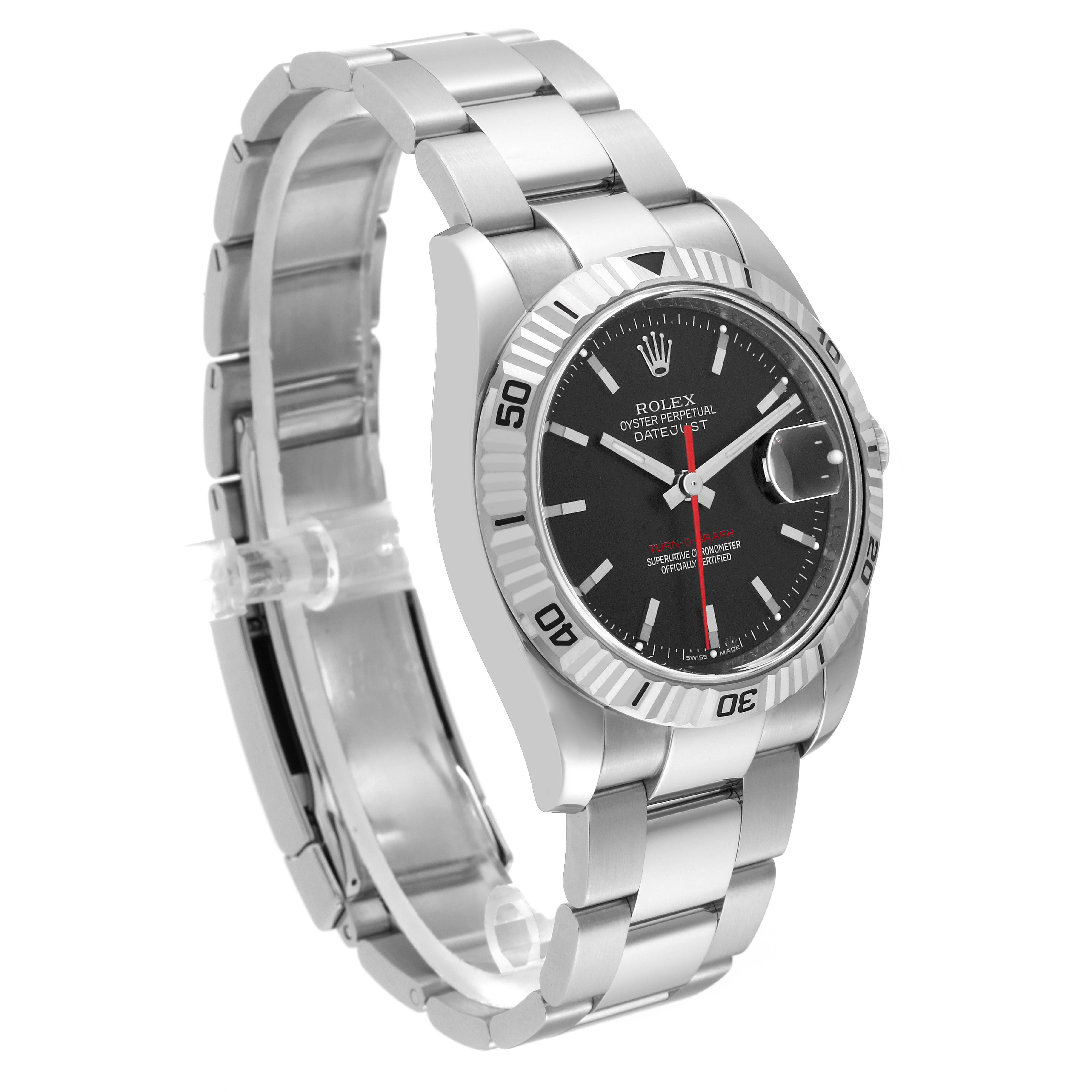 The image shows a side angle of the Rolex Turn-o-Graph 116264 Men's Stainless Steel Black Dial 116264 Men's Stainless Steel Black Dial watch, highlighting its bezel, dial, crown, and bracelet.
