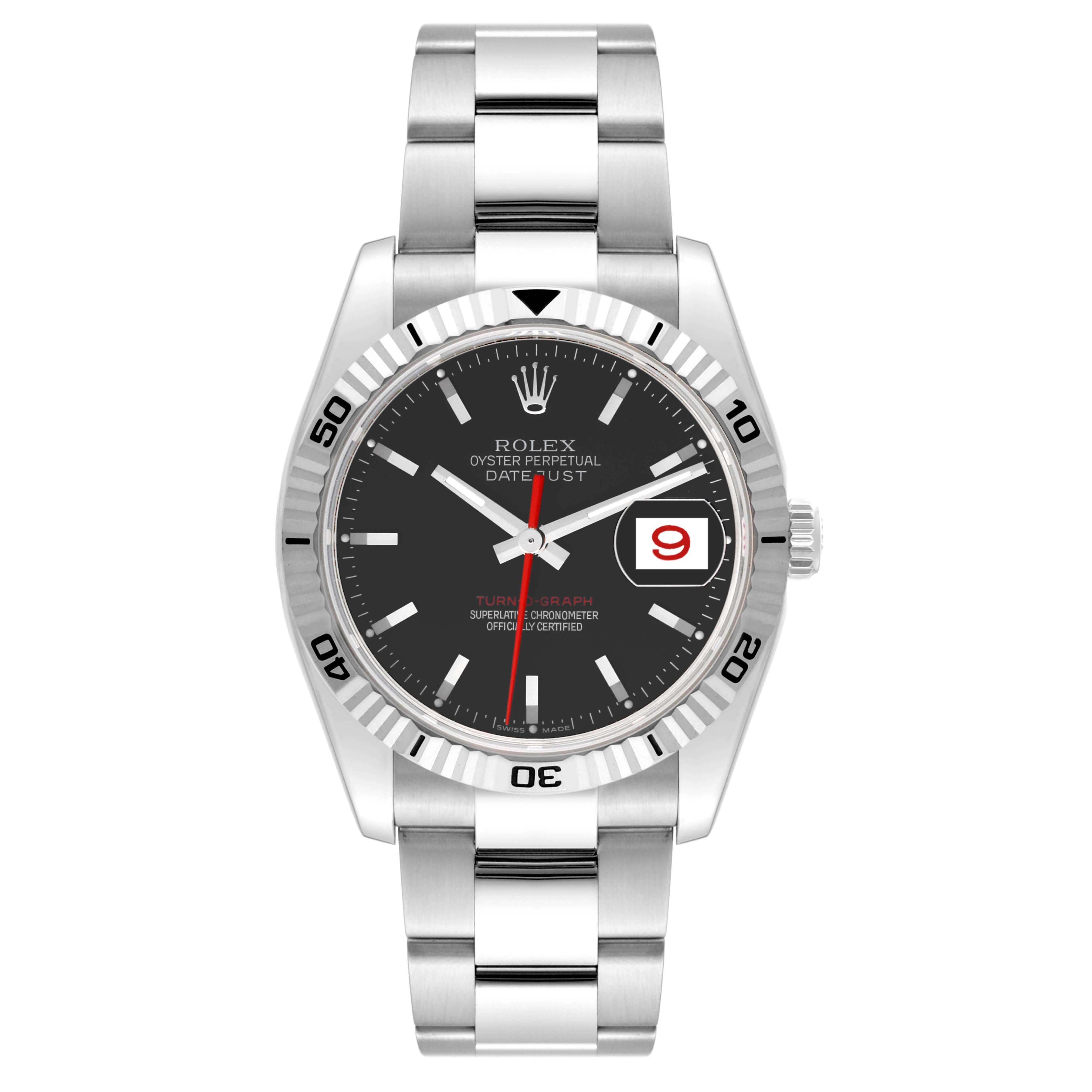 The image shows a front view of a Rolex Turn-o-Graph 116264 Men's Stainless Steel Black Dial 116264 Men's Stainless Steel Black Dial watch, highlighting its bezel, dial, hands, date window, and bracelet.
