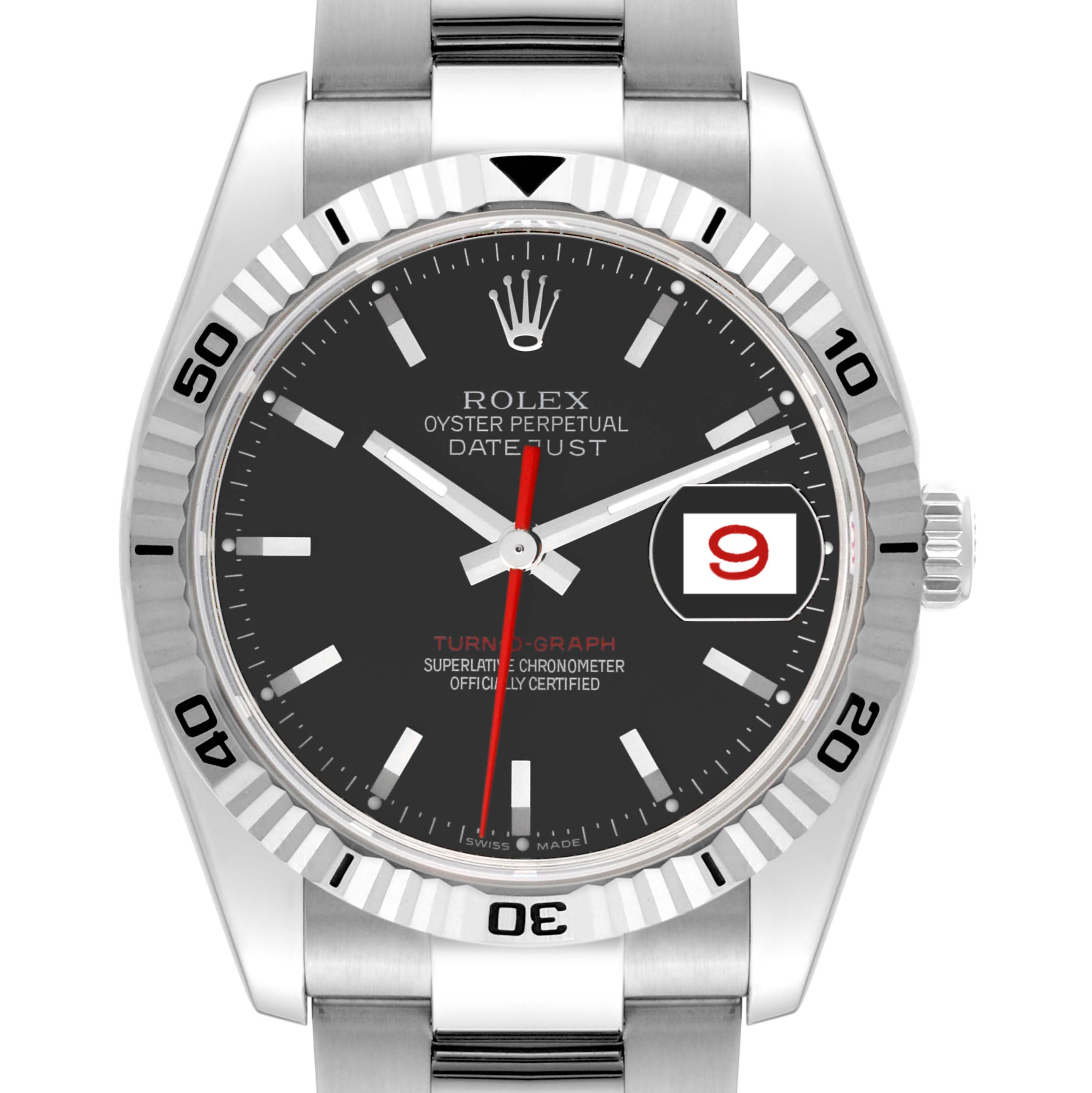 The image shows a front view of a Rolex Turn-o-Graph 116264 Men's Stainless Steel Black Dial 116264 Men's Stainless Steel Black Dial watch, featuring its black dial, date window, and rotating bezel.