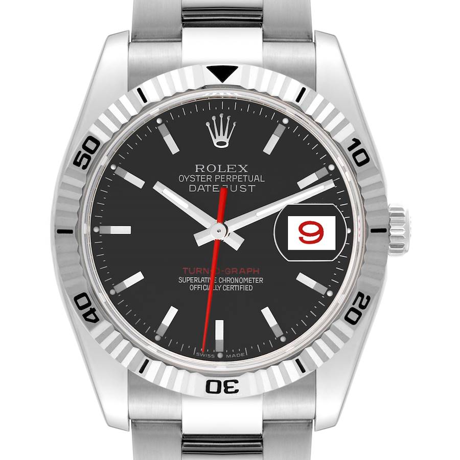 The image shows a front view of a Rolex Turn-o-Graph watch, featuring its black dial, date window, and rotating bezel.