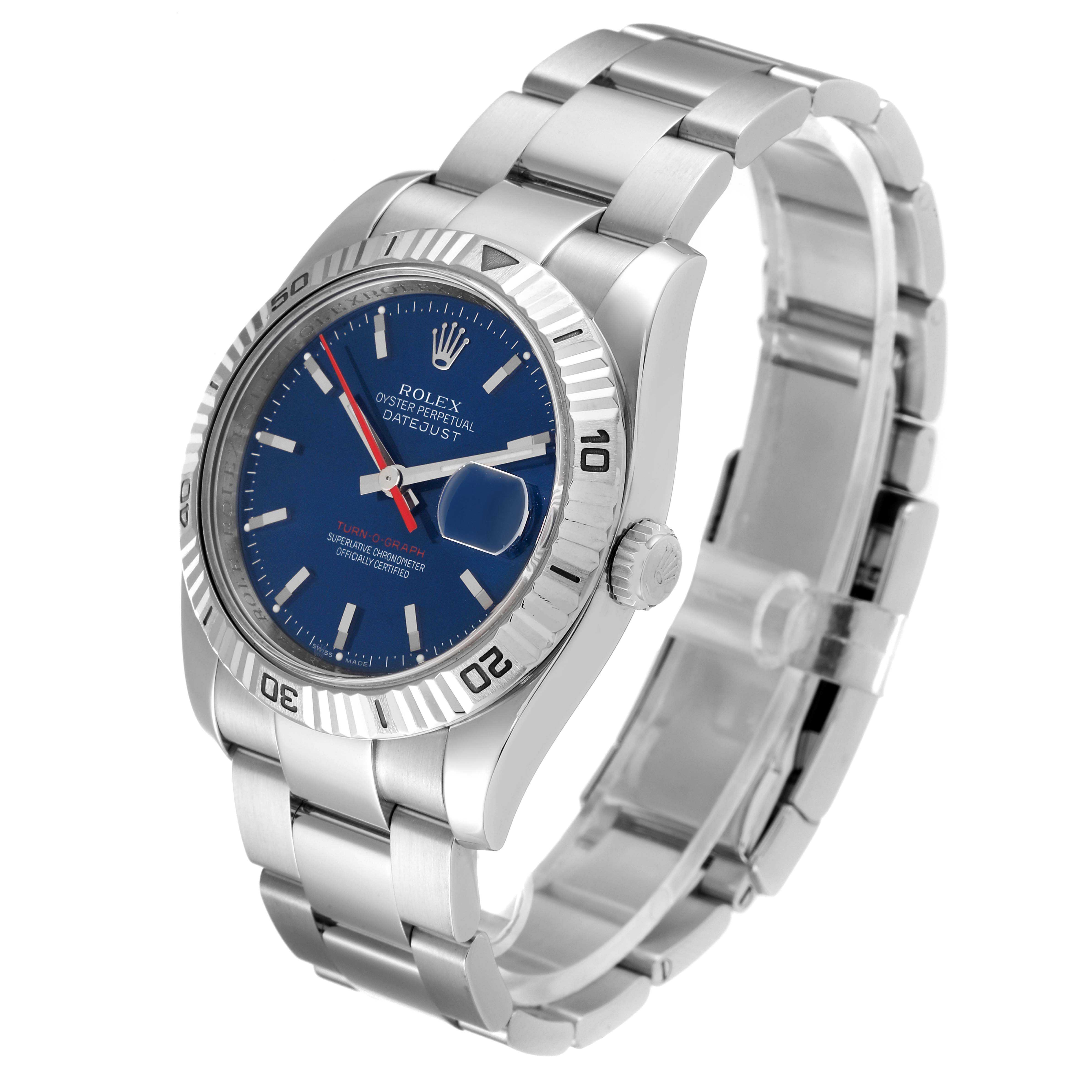 The image shows a side angle of a Rolex Turn-o-Graph 116264 Men
s Stainless Steel Blue Dial 116264 Men
s Stainless Steel Blue Dial watch, displaying its blue dial, bezel, crown, and metal bracelet.
