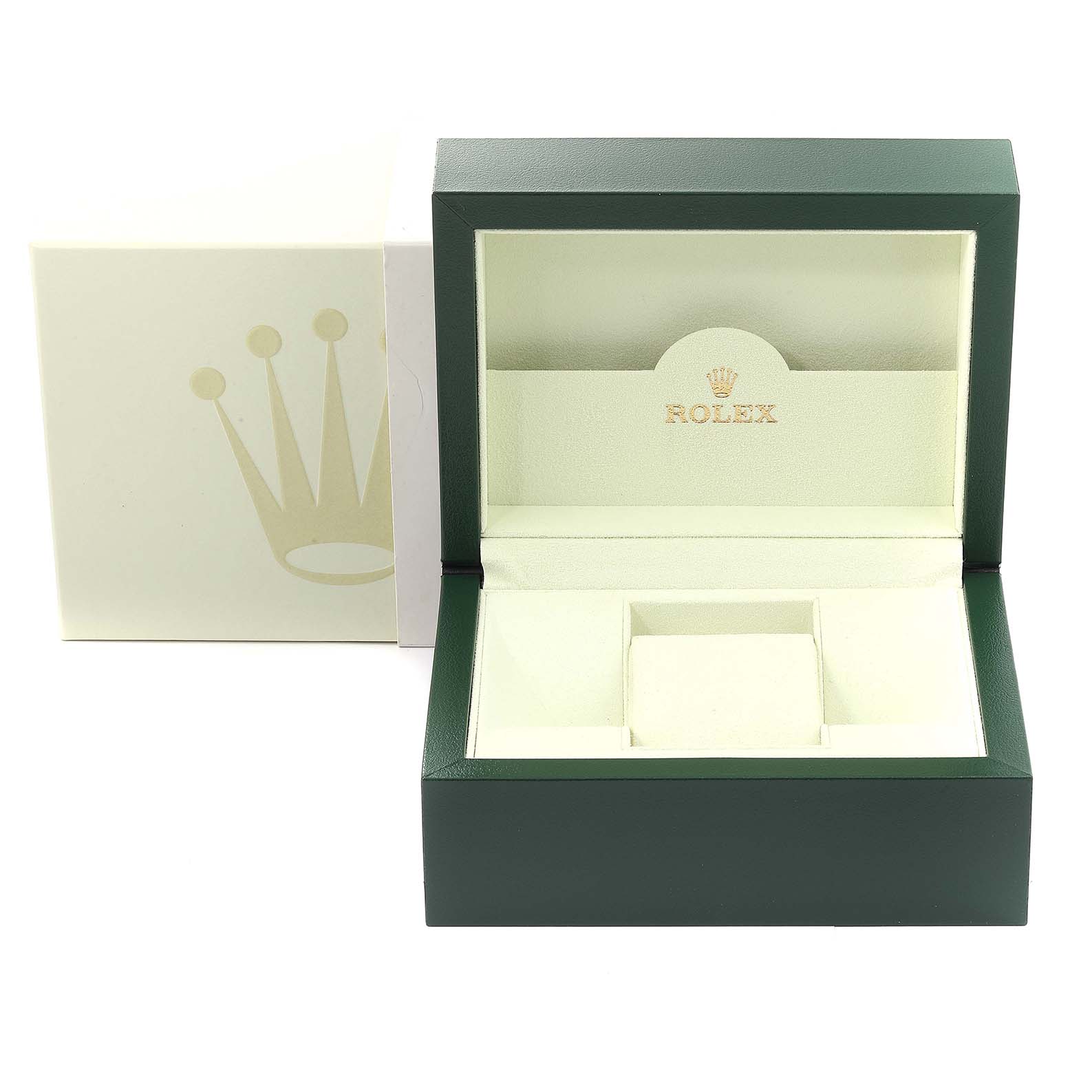 The image shows an open green box and cream packaging for the Rolex Turn-o-Graph 116264 Men
s Stainless Steel Blue Dial 116264 Men
s Stainless Steel Blue Dial watch, with the Rolex logo inside.