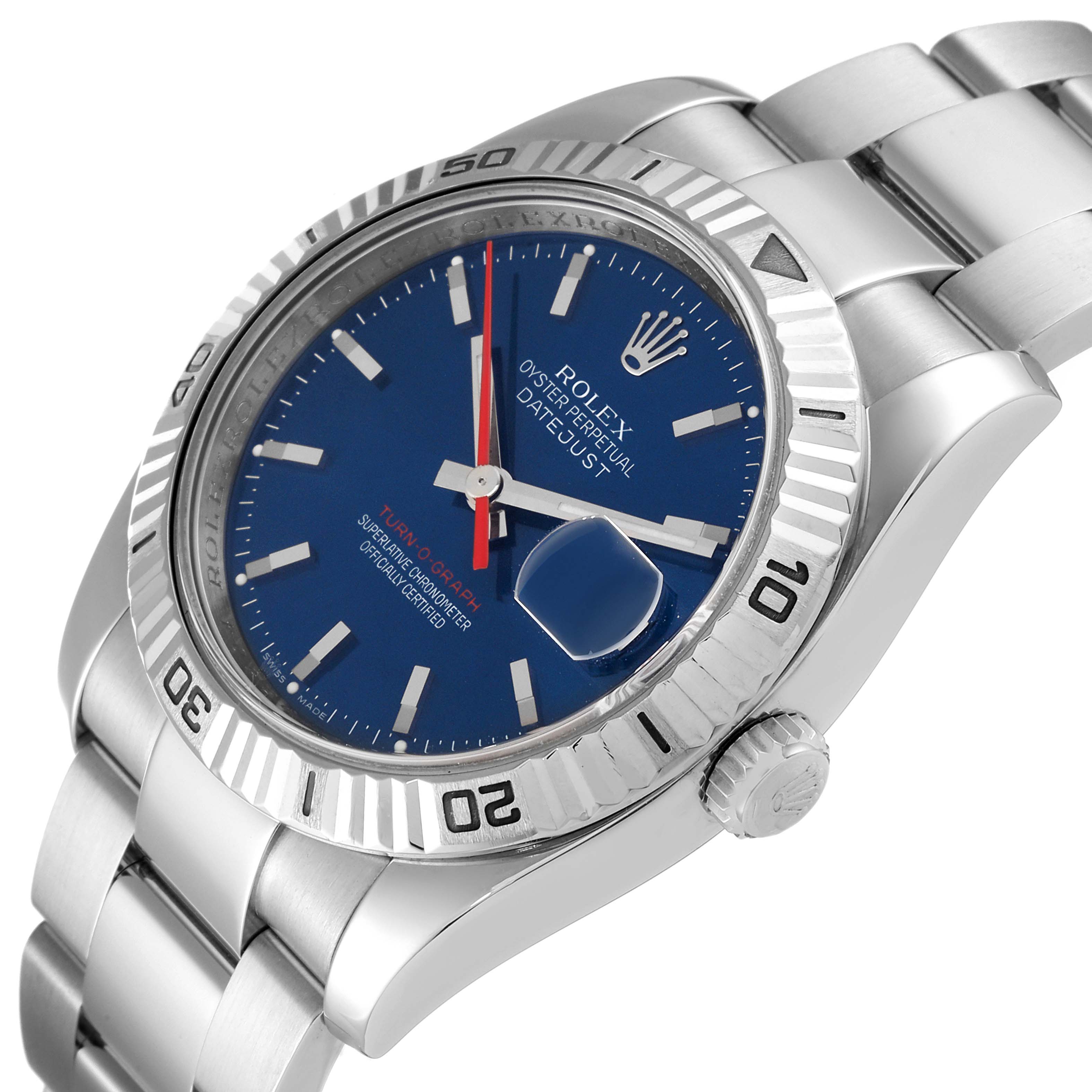 This image shows a Rolex Turn-o-Graph 116264 Men
s Stainless Steel Blue Dial 116264 Men
s Stainless Steel Blue Dial watch at a slightly angled side view, highlighting its blue dial, bezel, and bracelet.