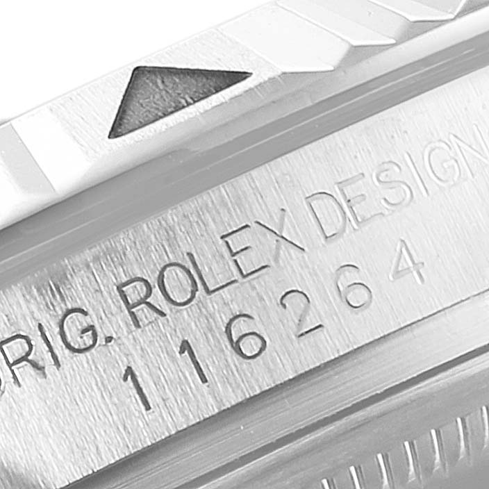 This close-up image showcases the engraved model number and design details on the case of a Rolex Turn-o-Graph 116264 Men
s Stainless Steel Blue Dial 116264 Men
s Stainless Steel Blue Dial watch.