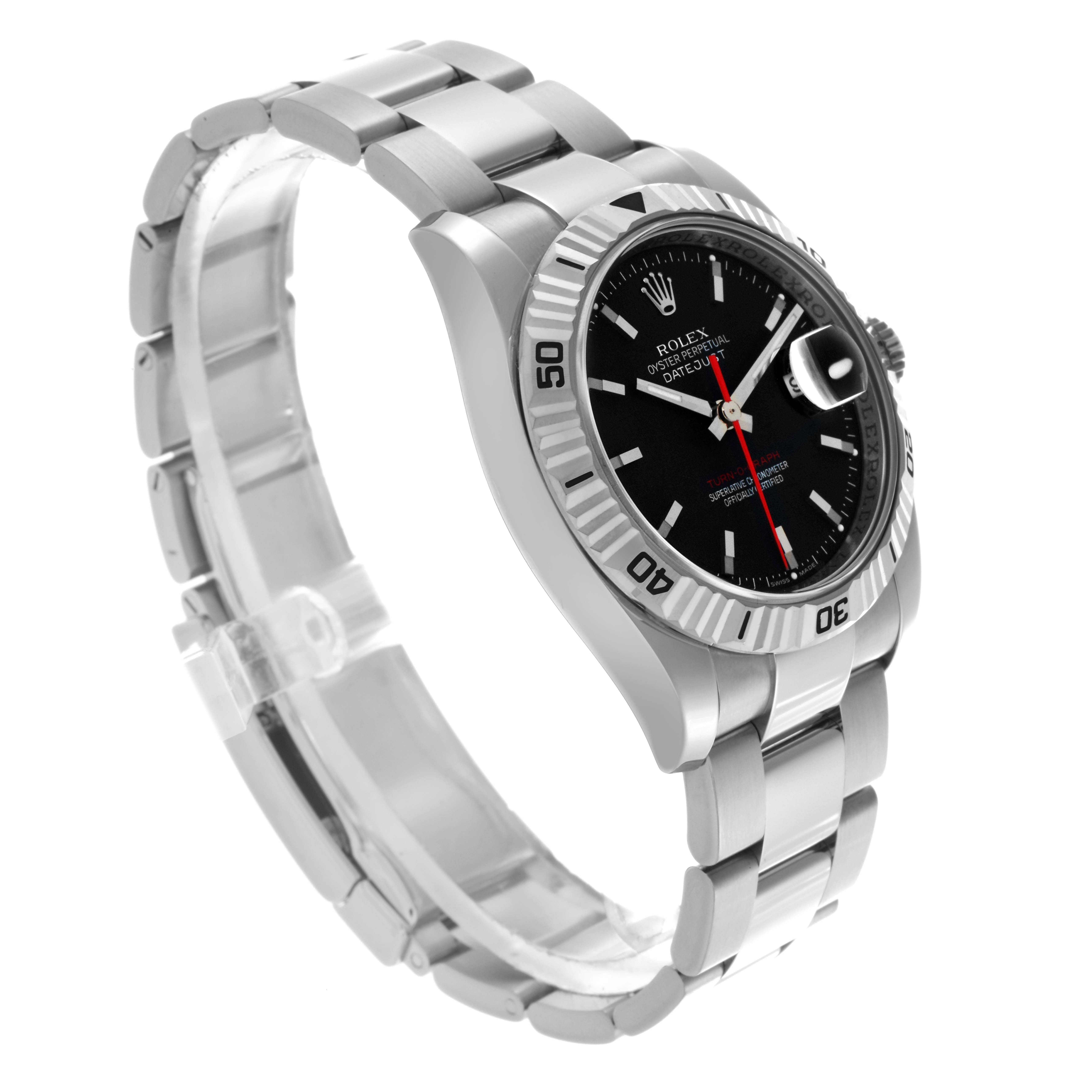 The Rolex Turn-o-Graph 116264 Men
s Stainless Steel Black Dial 116264 Men
s Stainless Steel Black Dial watch is shown at a three-quarter angle, highlighting the bezel, dial, bracelet, and crown.