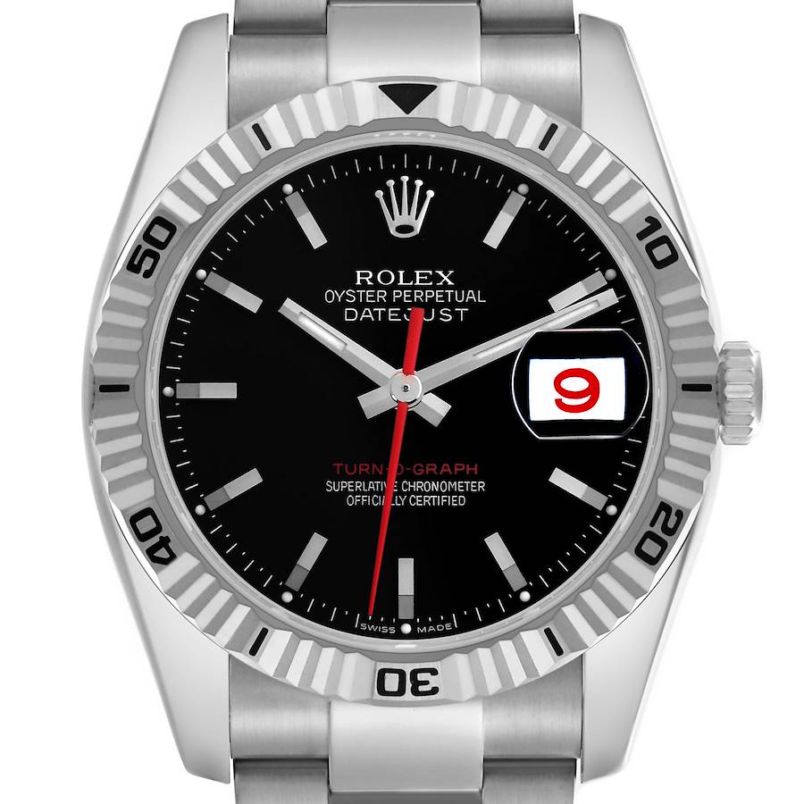 The Rolex Turn-o-Graph watch is shown from the front, highlighting the bezel, dial, hands, and date window.