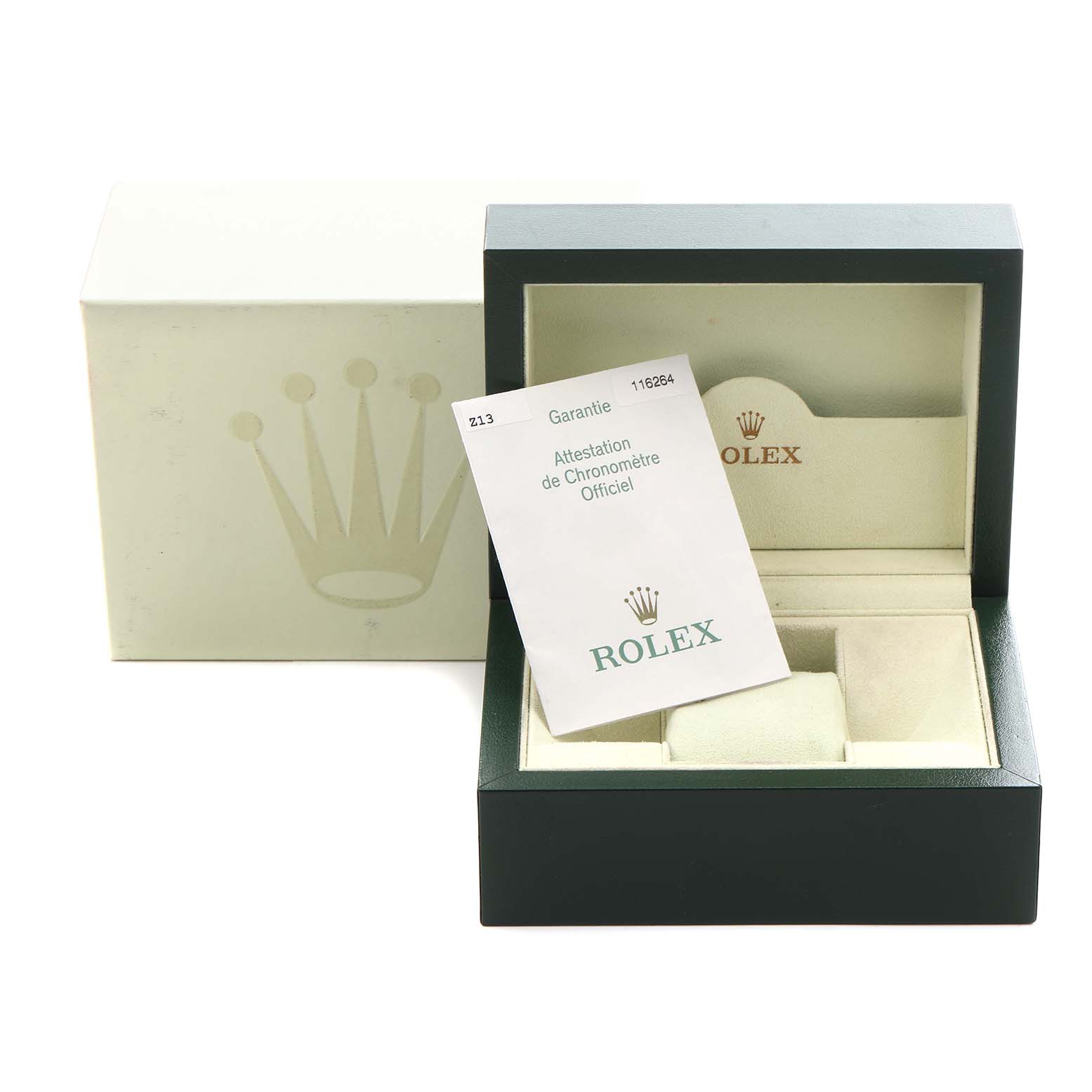 The image shows a Rolex Turn-o-Graph 116264 Men
s Stainless Steel Black Dial 116264 Men
s Stainless Steel Black Dial watch box, with the guarantee card displayed beside it.