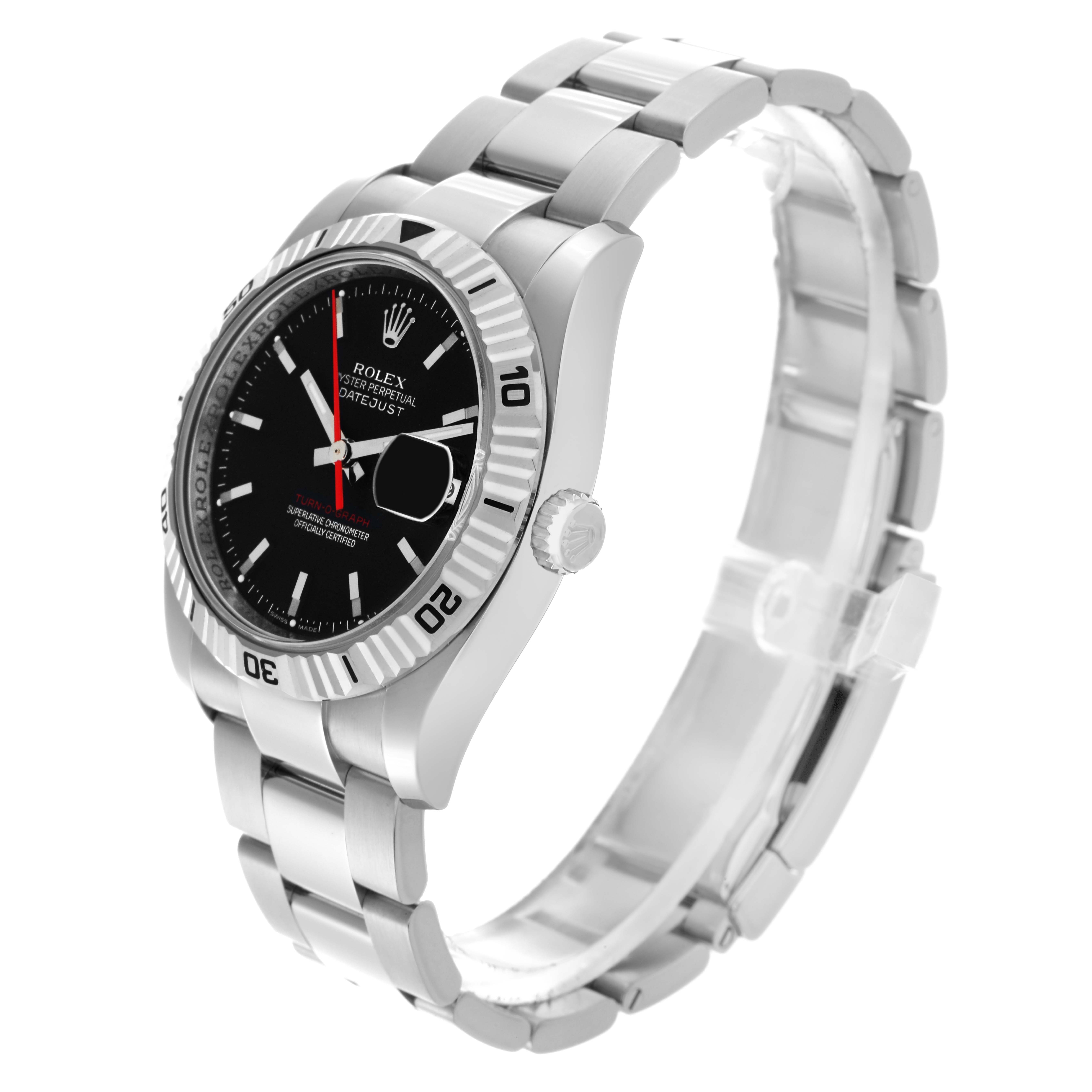 The Rolex Turn-o-Graph 116264 Men
s Stainless Steel Black Dial 116264 Men
s Stainless Steel Black Dial watch is shown at an angled side view, revealing the bezel, crown, and bracelet.