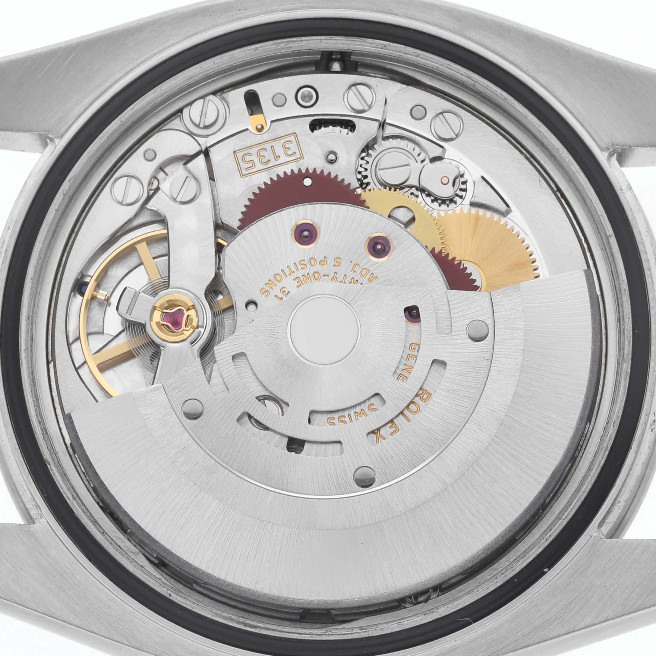 The image shows the back view of a Rolex Turn-o-Graph 116264 Men
s Stainless Steel Black Dial 116264 Men
s Stainless Steel Black Dial model, highlighting its intricate mechanical movement components.