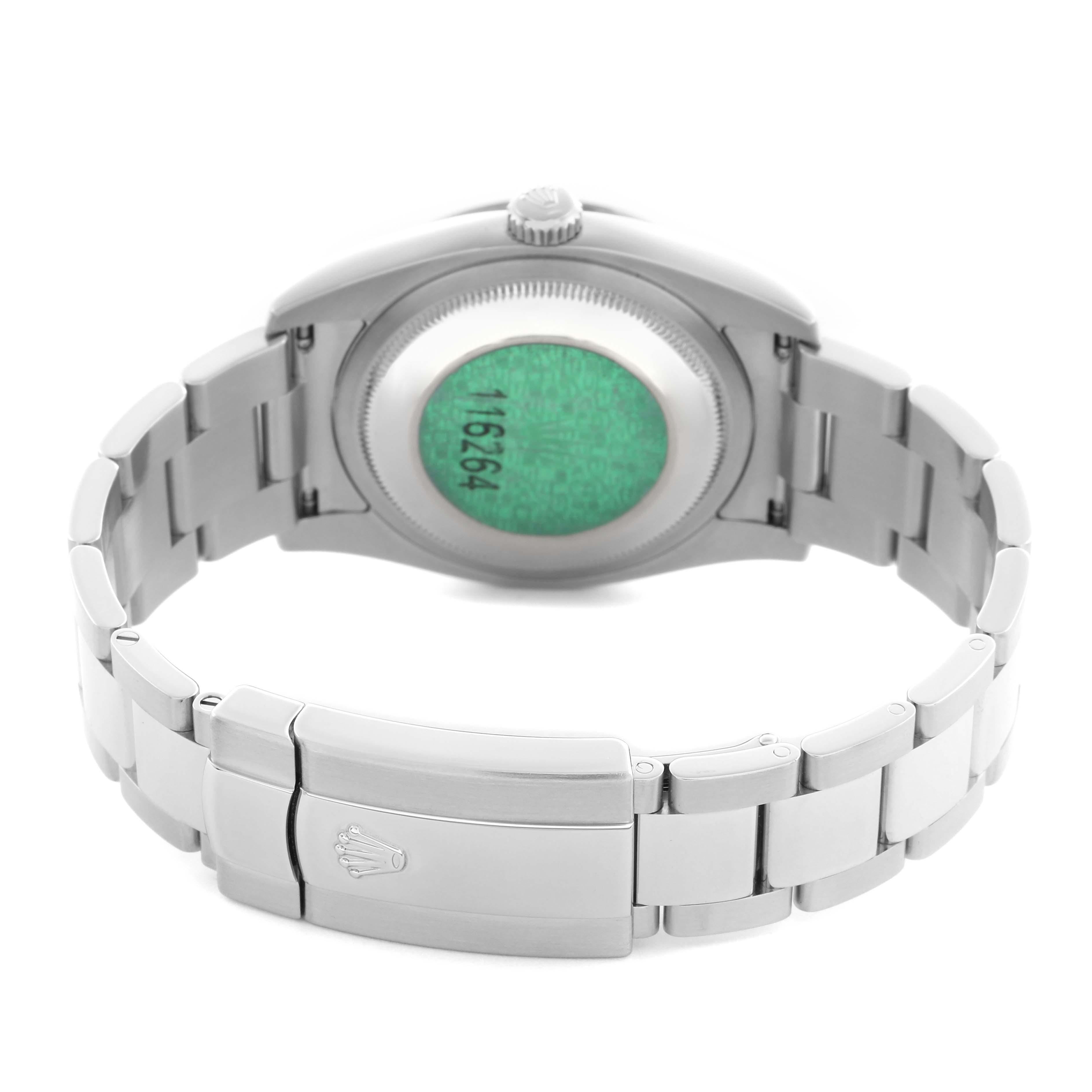 The image shows the back of a Rolex Turn-o-Graph 116264 Men
s Stainless Steel Black Dial 116264 Men
s Stainless Steel Black Dial, displaying the case back and bracelet clasp.