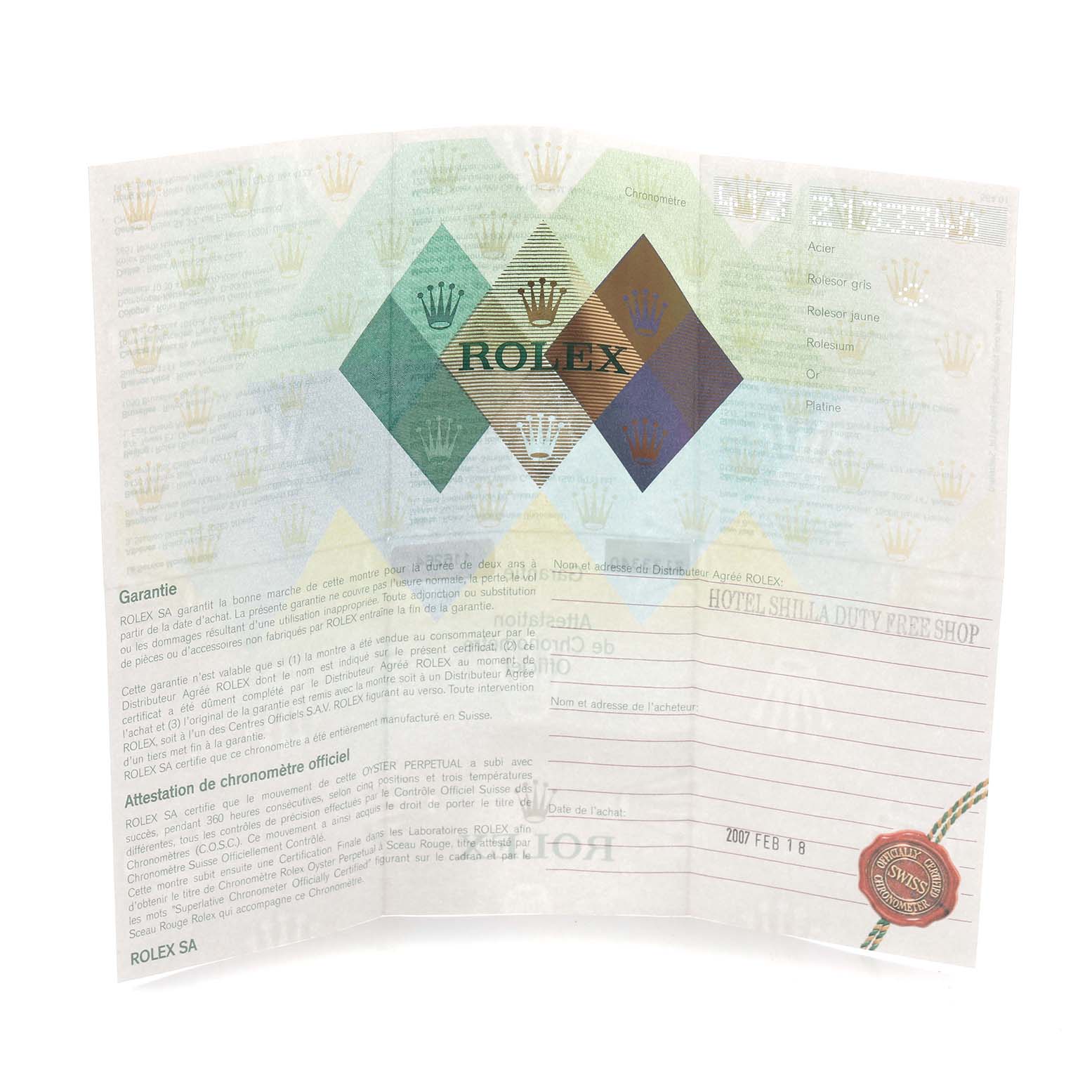 The image shows a warranty document for a Rolex Turn-o-Graph 116264 Men
s Stainless Steel Black Dial 116264 Men
s Stainless Steel Black Dial watch.