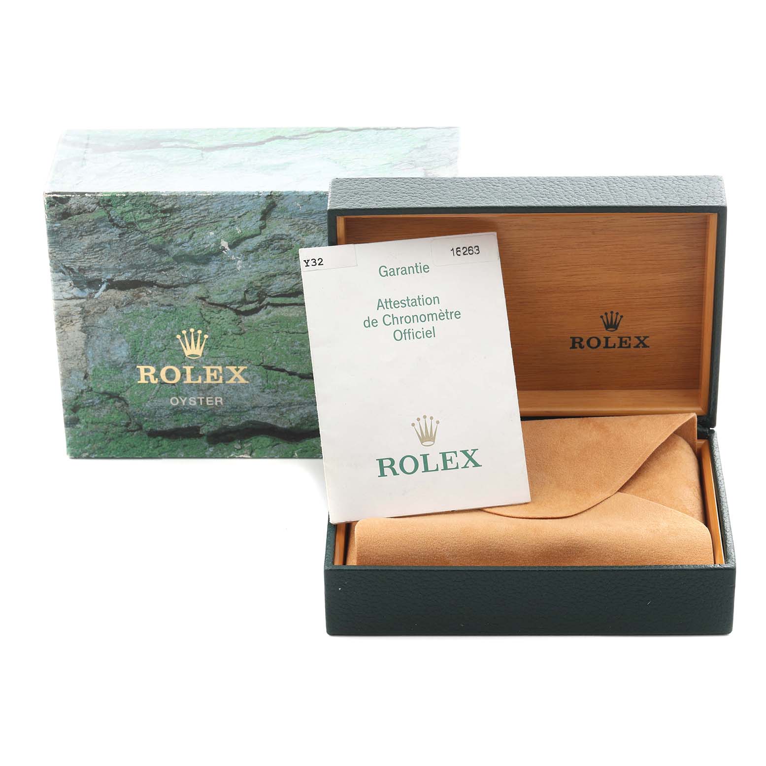 The image shows a Rolex Turn-o-Graph 16263 Men
s Steel and Gold (two tone) Black Dial 16263 Men
s Steel and Gold (two tone) Black Dial watch box and certification, angled to display the packaging and documentation.