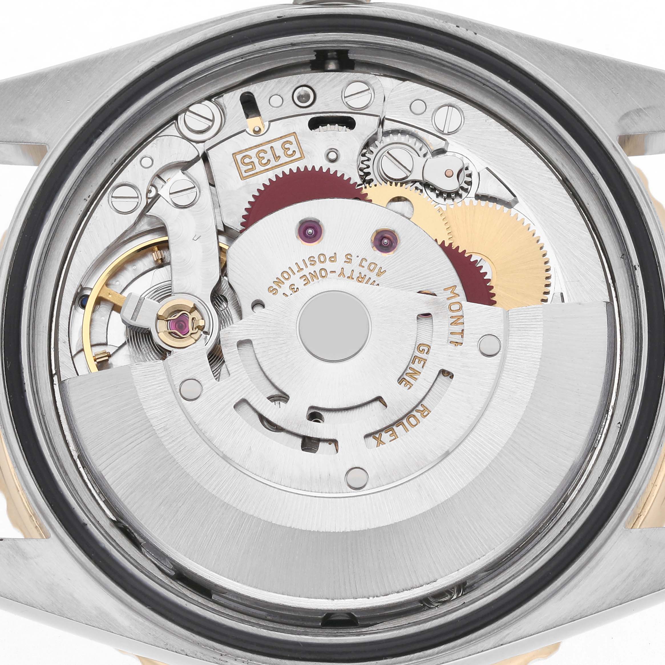 The image shows the back of a Rolex Turn-o-Graph 16263 Men
s Steel and Gold (two tone) Black Dial 16263 Men
s Steel and Gold (two tone) Black Dial watch, highlighting the intricate movement and gears.