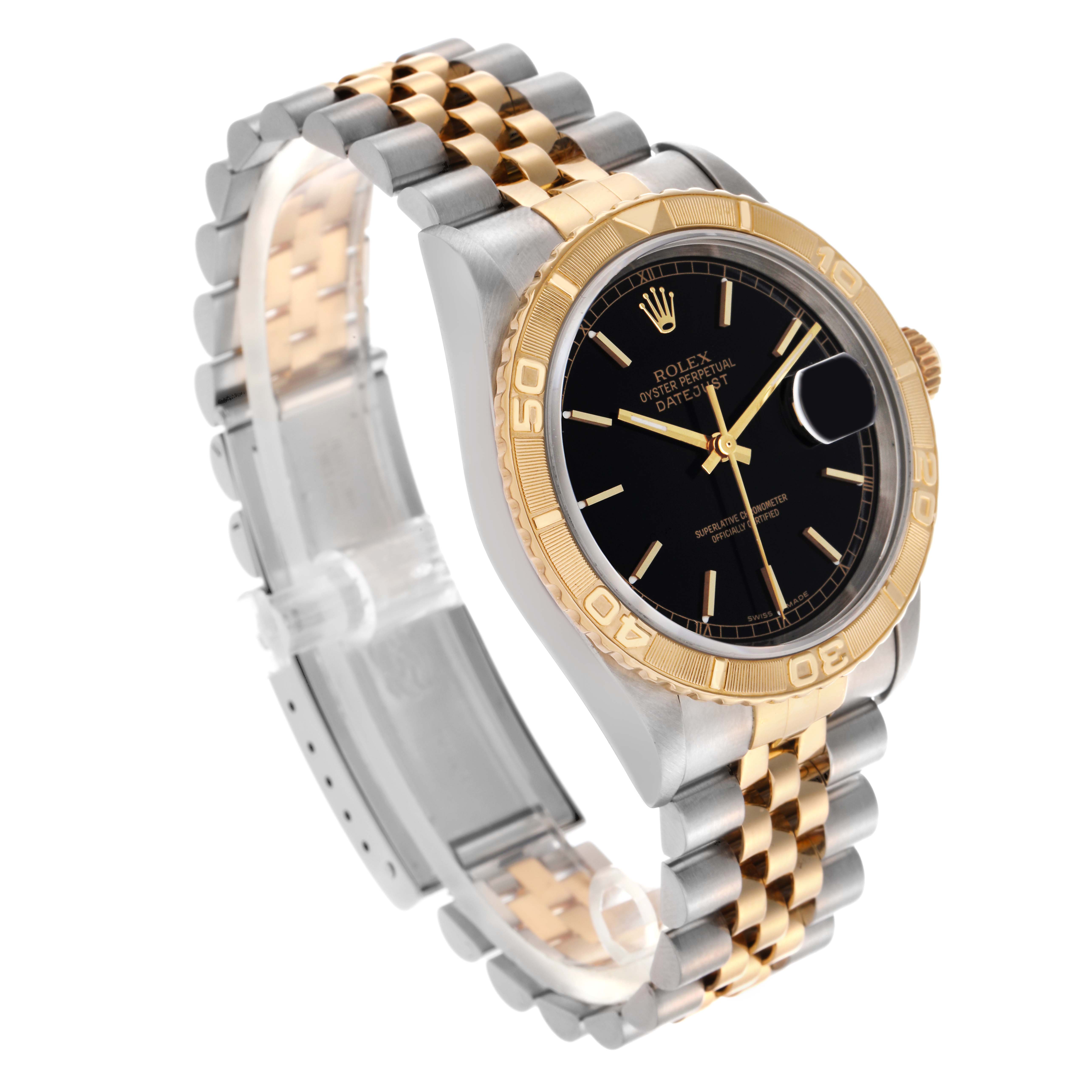 The Rolex Turn-o-Graph 16263 Men
s Steel and Gold (two tone) Black Dial 16263 Men
s Steel and Gold (two tone) Black Dial watch is shown at an angled side view, highlighting its bezel, dial, and two-tone bracelet.