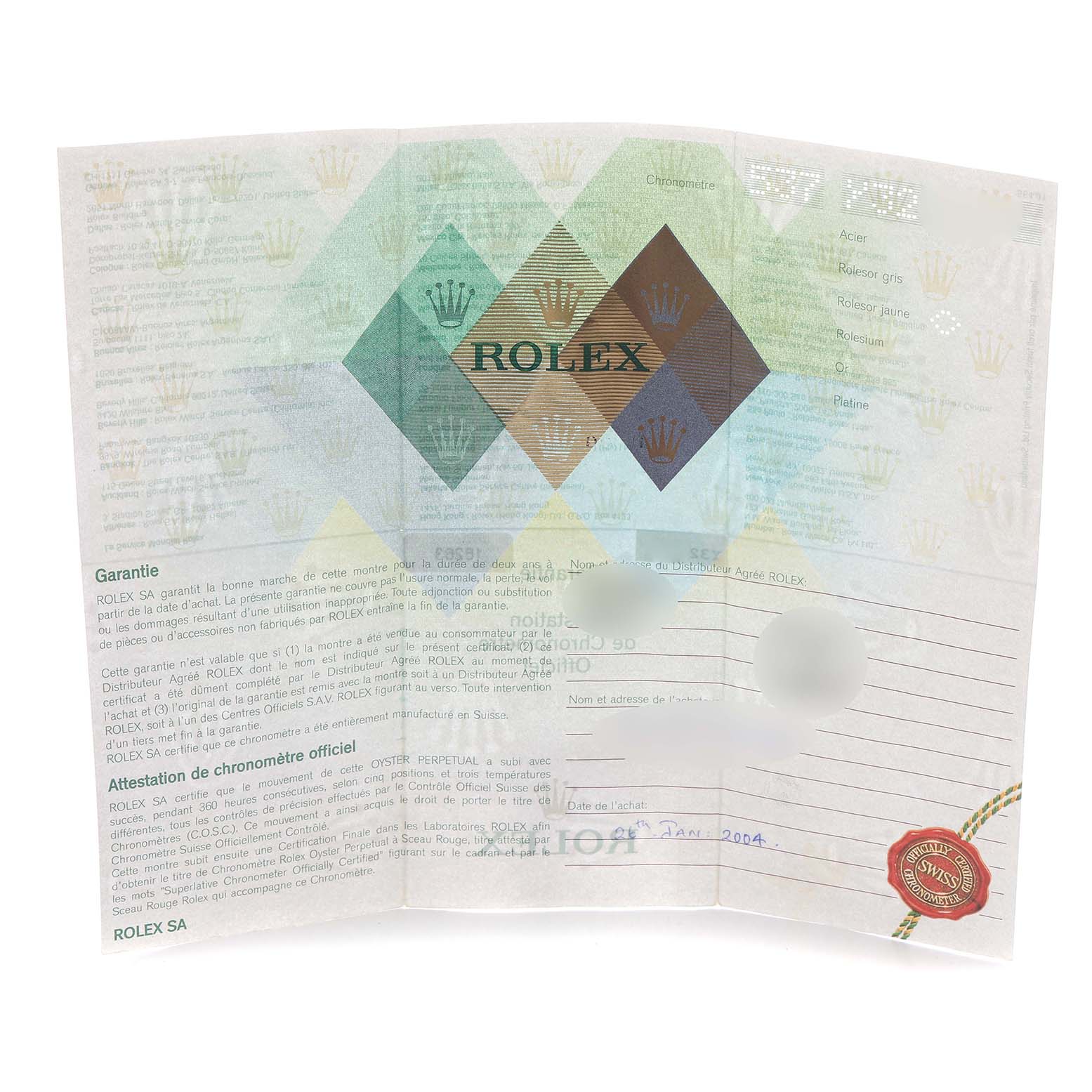 The image shows the warranty and certification papers for a Rolex Turn-o-Graph 16263 Men
s Steel and Gold (two tone) Black Dial 16263 Men
s Steel and Gold (two tone) Black Dial watch.