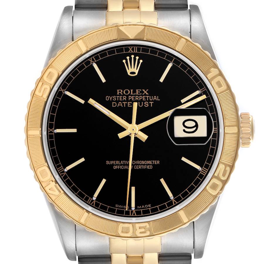 The Rolex Turn-o-Graph watch is shown from a front angle, highlighting the bezel, dial, and bracelet.
