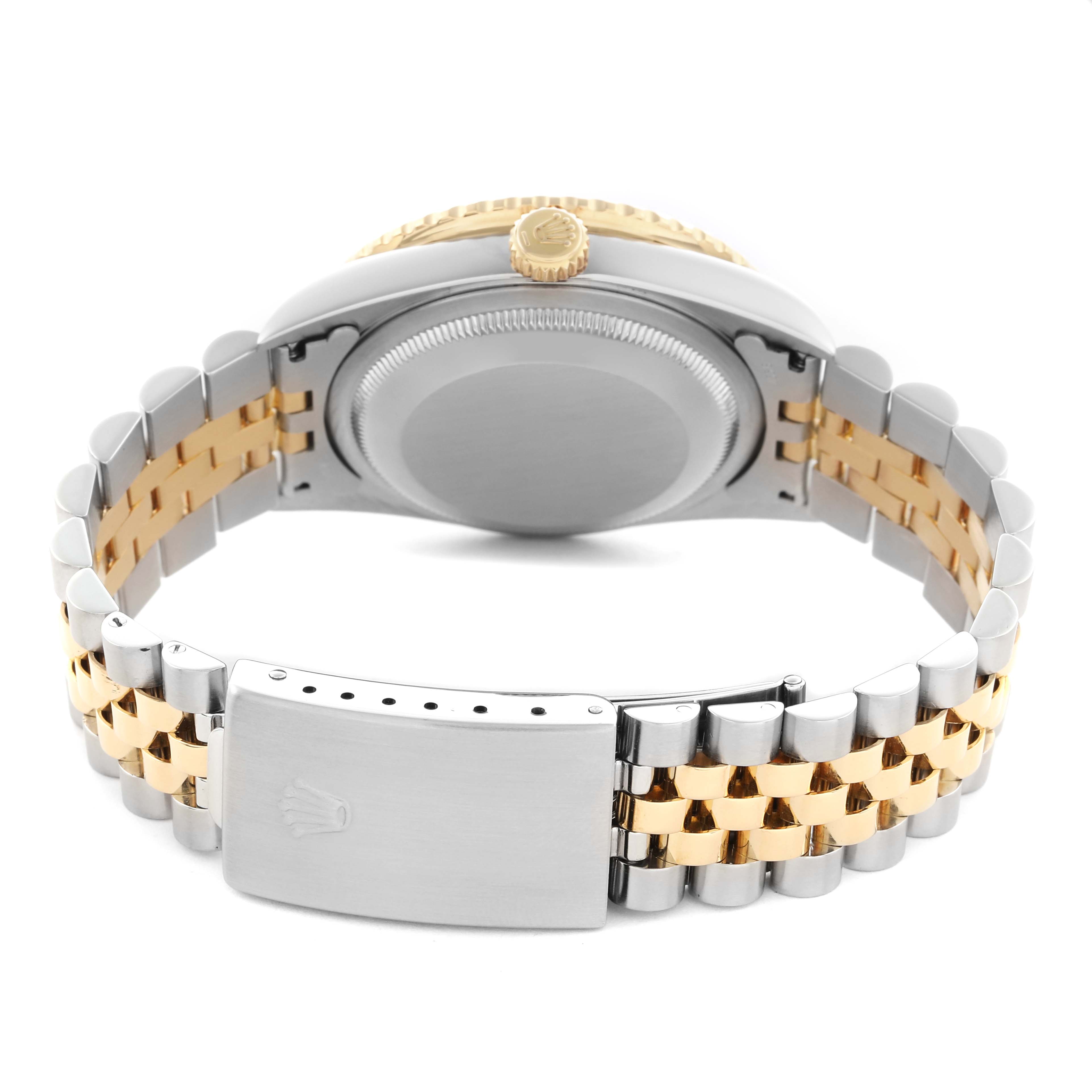 The image shows the back and clasp of a Rolex Turn-o-Graph 16263 Men
s Steel and Gold (two tone) Black Dial 16263 Men
s Steel and Gold (two tone) Black Dial model, highlighting its two-tone metal bracelet.