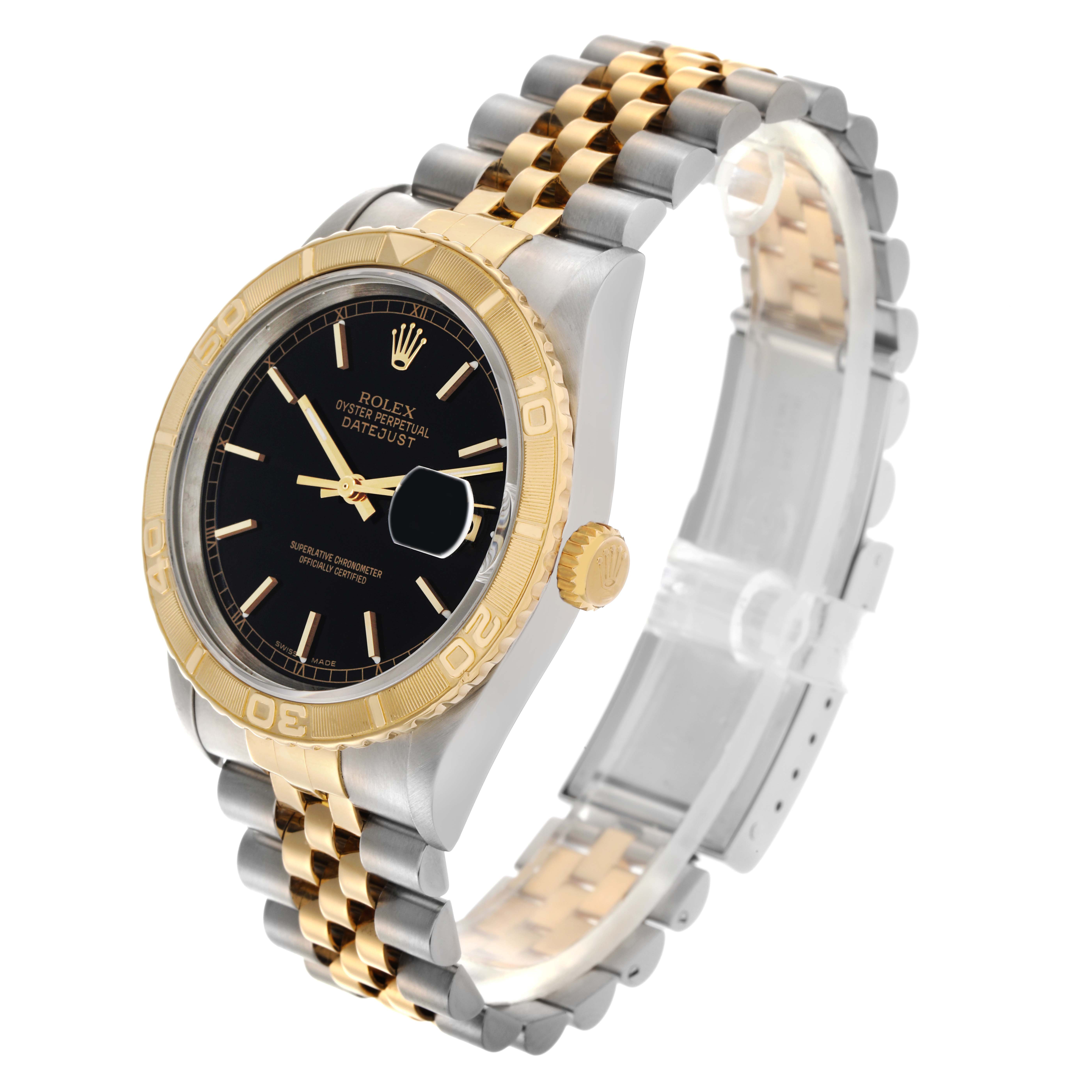 The Rolex Turn-o-Graph 16263 Men
s Steel and Gold (two tone) Black Dial 16263 Men
s Steel and Gold (two tone) Black Dial is shown at a three-quarter angle, highlighting the bezel, dial, crown, and two-tone bracelet.