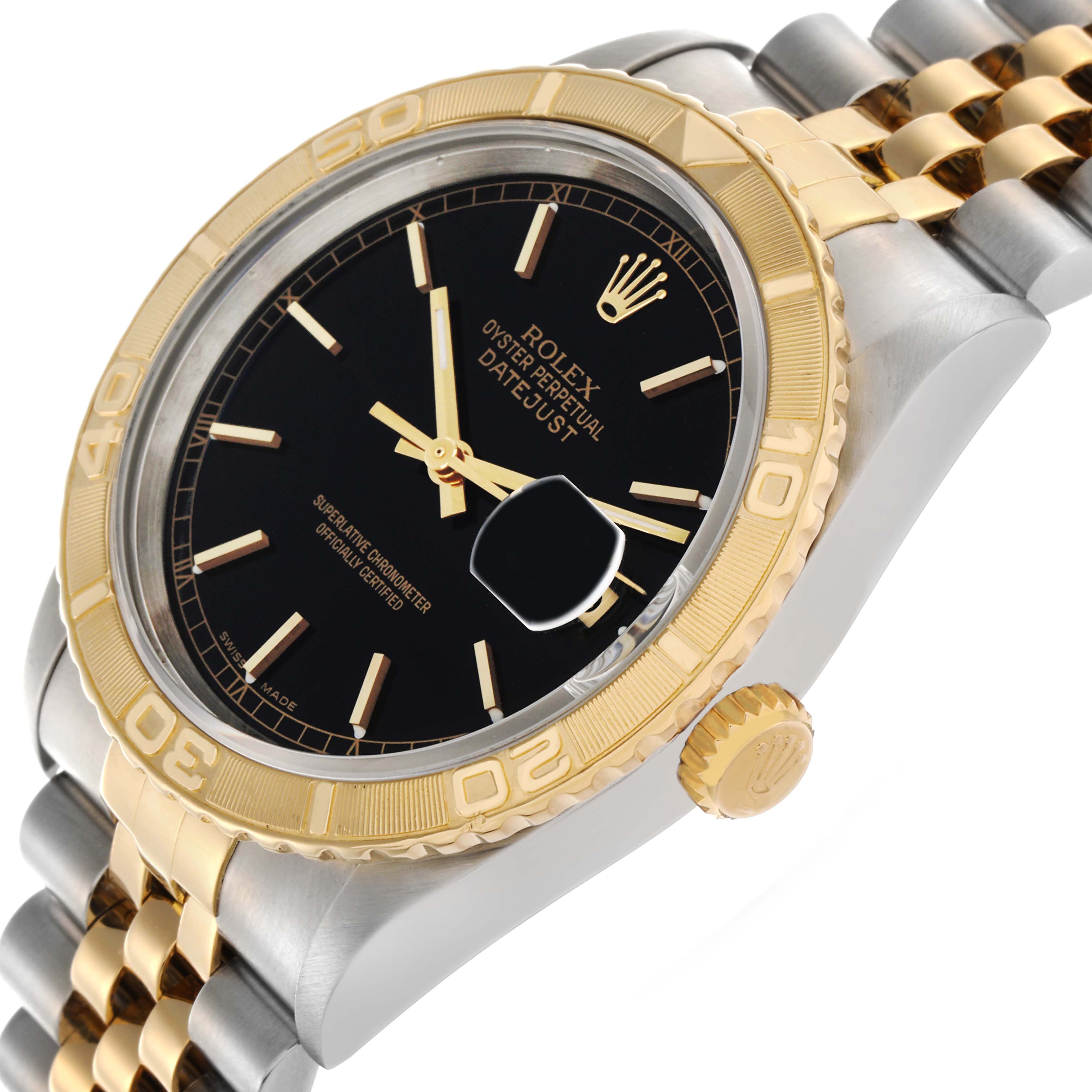 The image shows a Rolex Turn-o-Graph 16263 Men
s Steel and Gold (two tone) Black Dial 16263 Men
s Steel and Gold (two tone) Black Dial watch at a slight angle, highlighting the bezel, crown, and part of the bracelet.
