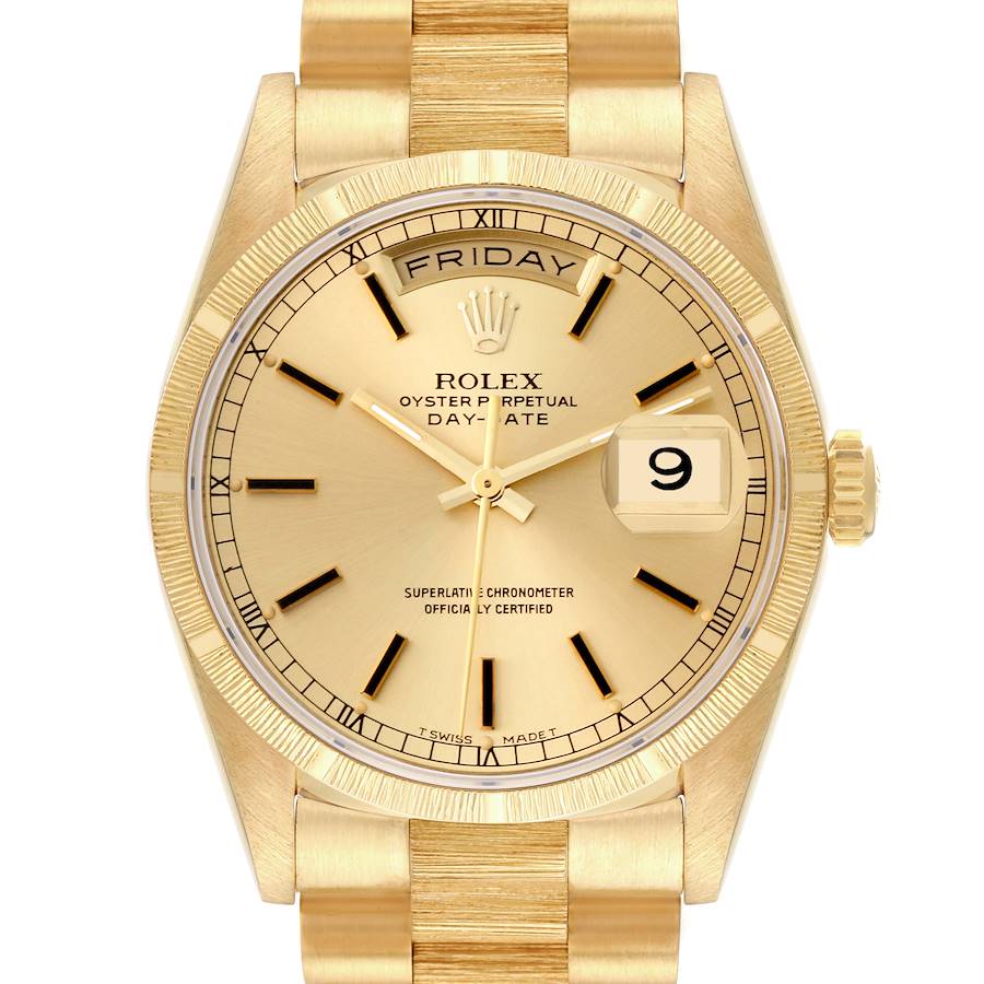 The image shows a front view of a Rolex President model watch, highlighting the face, bezel, and part of the band.