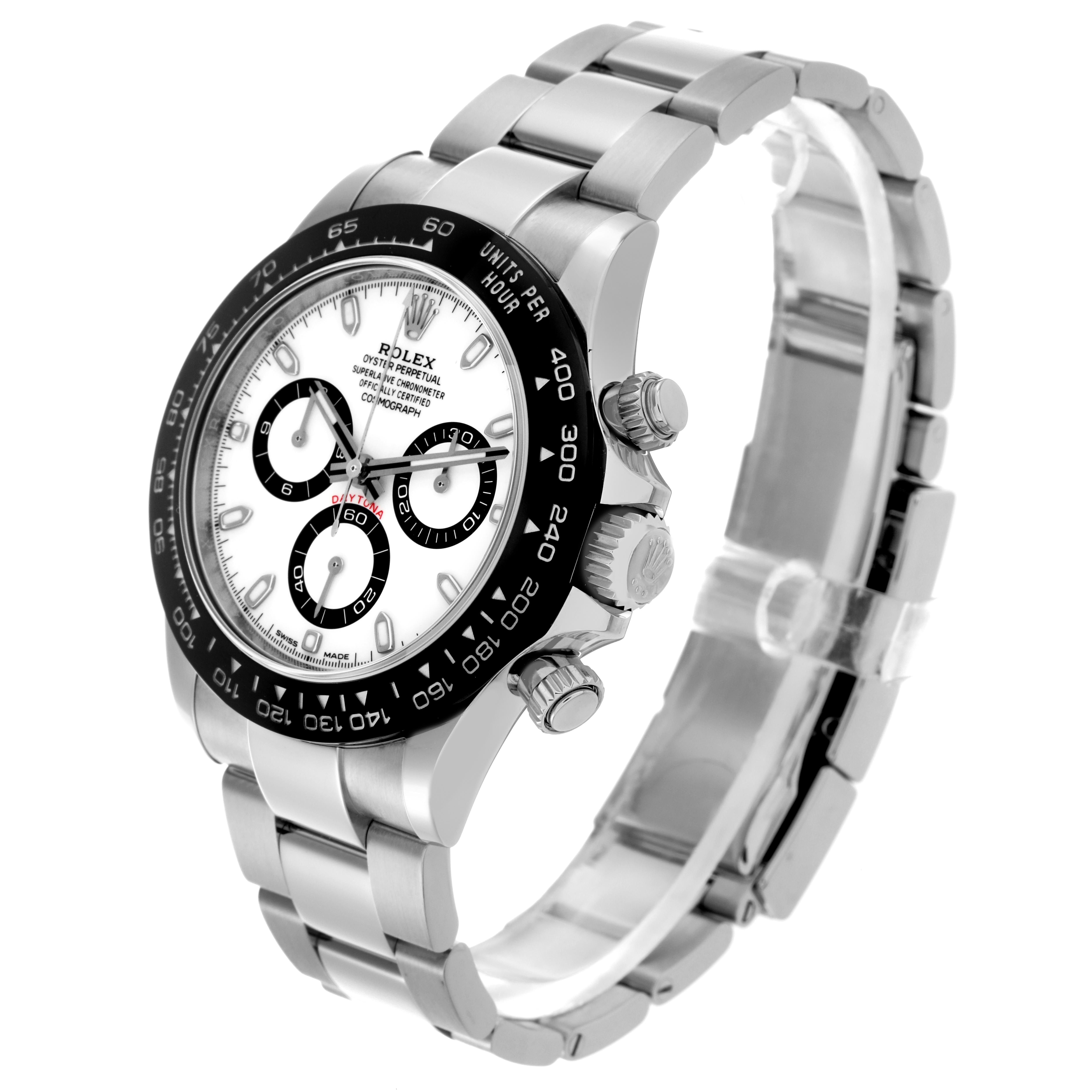 The Rolex Daytona 116500LN Men's Stainless Steel White Dial 116500LN Men's Stainless Steel White Dial watch is shown at a side angle, displaying its face, bezel, crown, pushers, and bracelet.