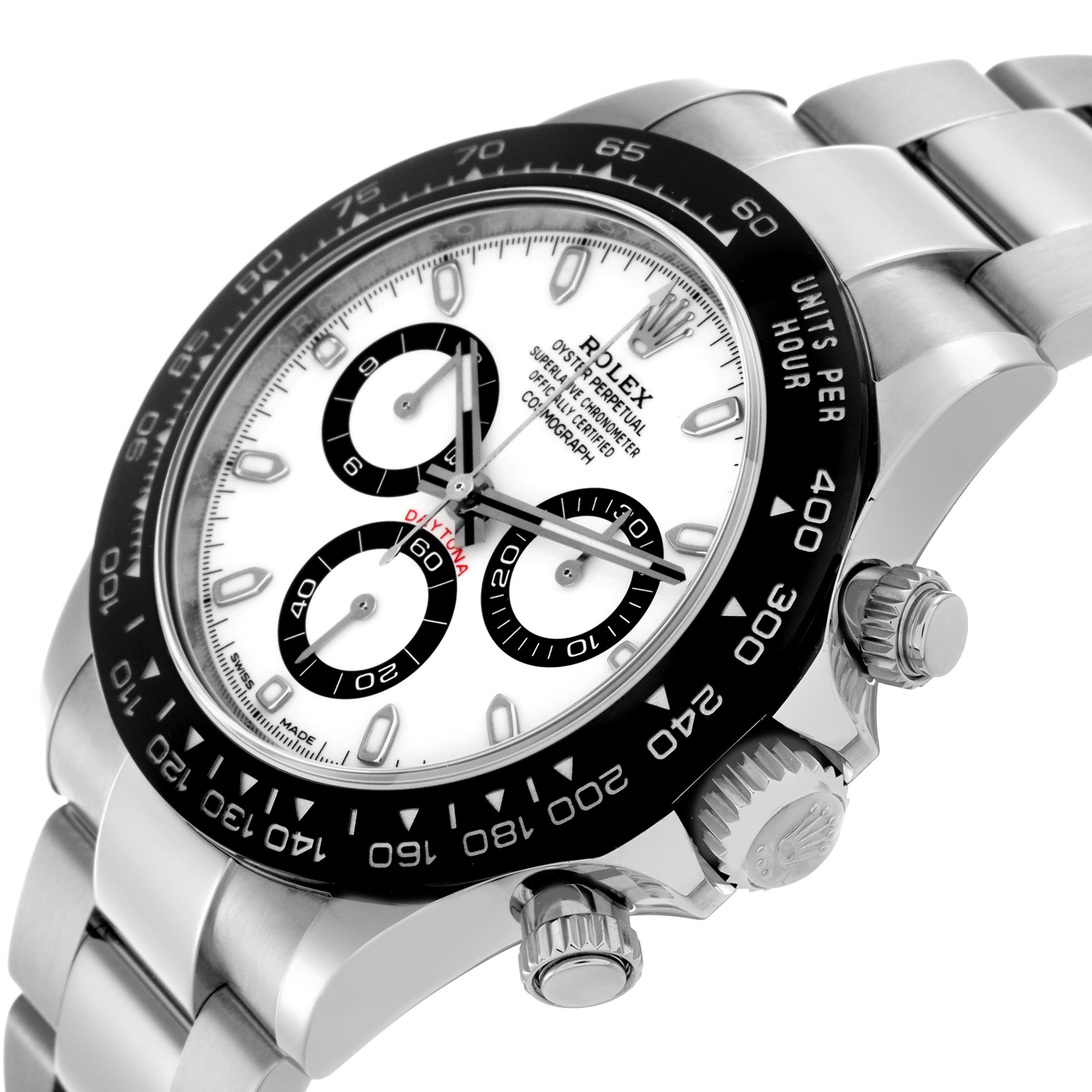 The Rolex Daytona 116500LN Men's Stainless Steel White Dial 116500LN Men's Stainless Steel White Dial watch is shown at a three-quarter angle, highlighting the bezel, dial, and side buttons.