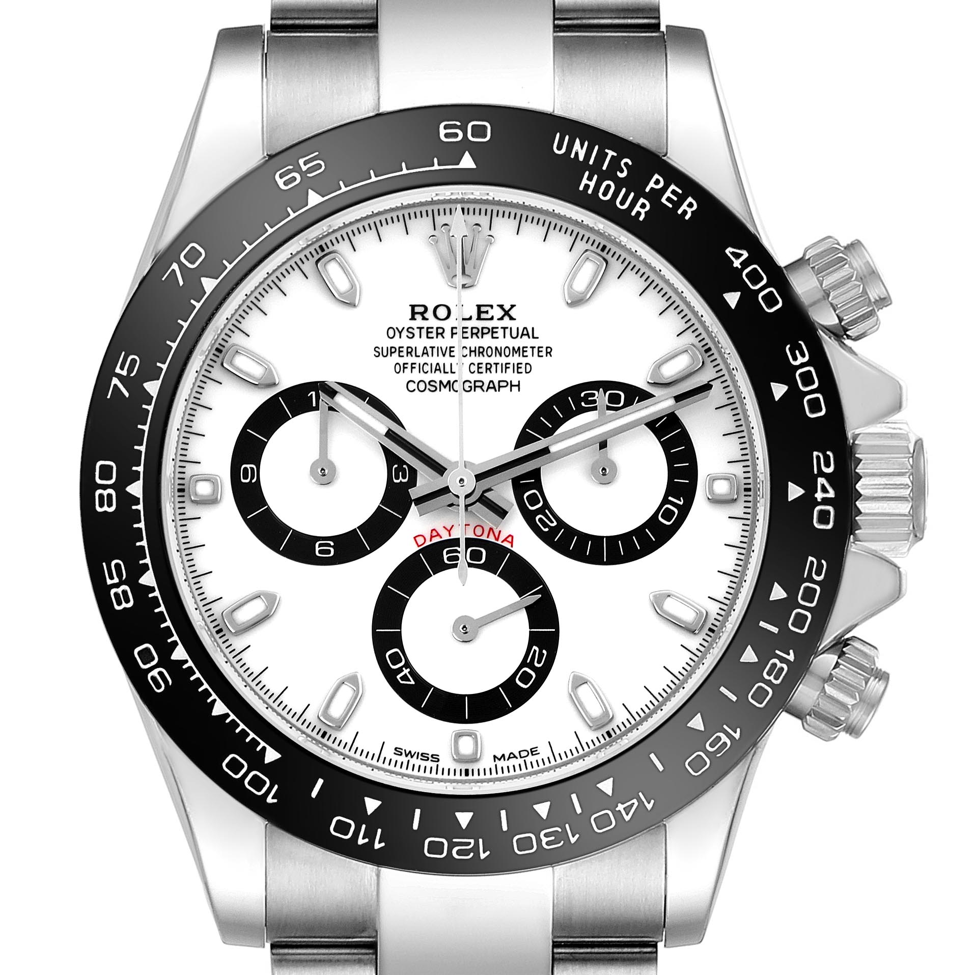 The Rolex Daytona 116500LN Men's Stainless Steel White Dial 116500LN Men's Stainless Steel White Dial watch is shown from the front, highlighting its dial, bezel, and pushers.