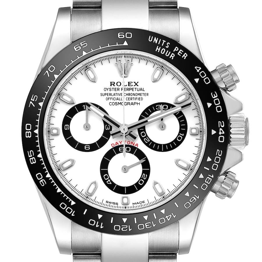 The Rolex Daytona watch is shown from the front, highlighting its dial, bezel, and pushers.