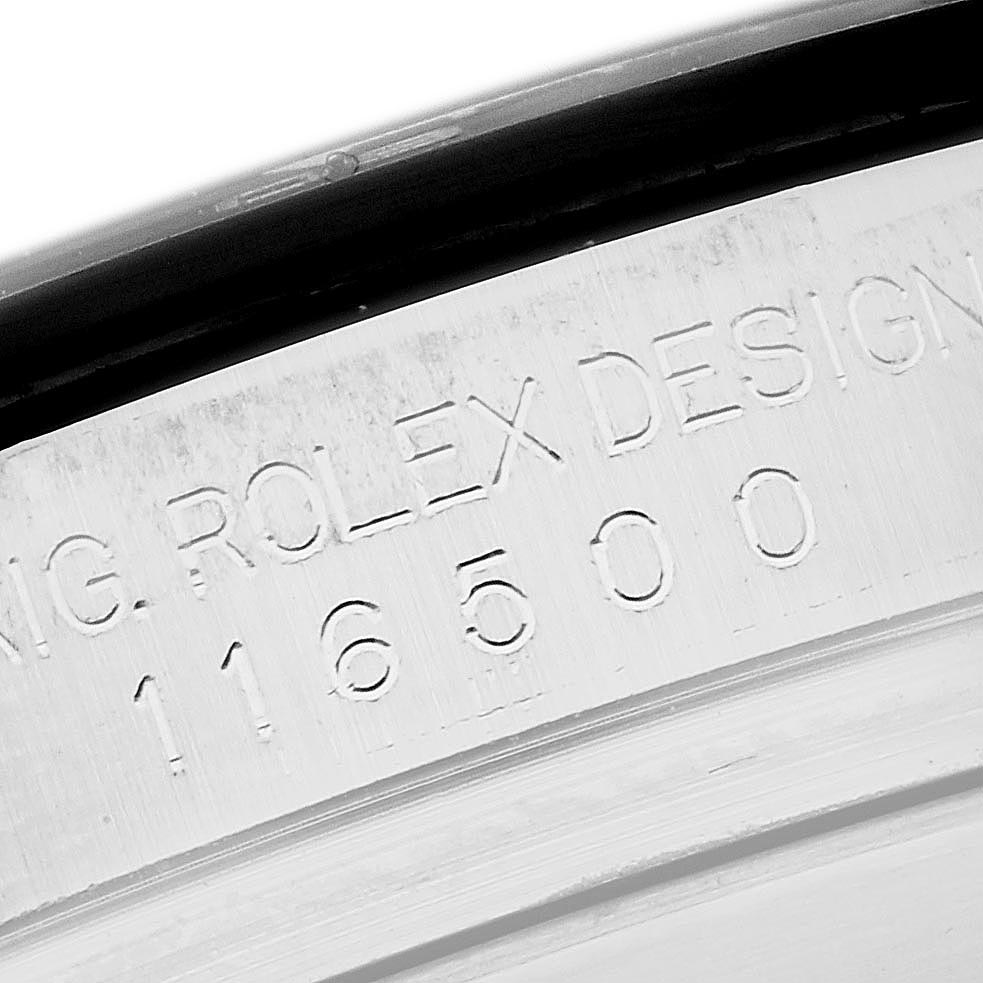 The image shows a close-up of the outer rim of a Rolex Daytona 116500LN Men's Stainless Steel White Dial 116500LN Men's Stainless Steel White Dial, highlighting the engraved model number and design details.