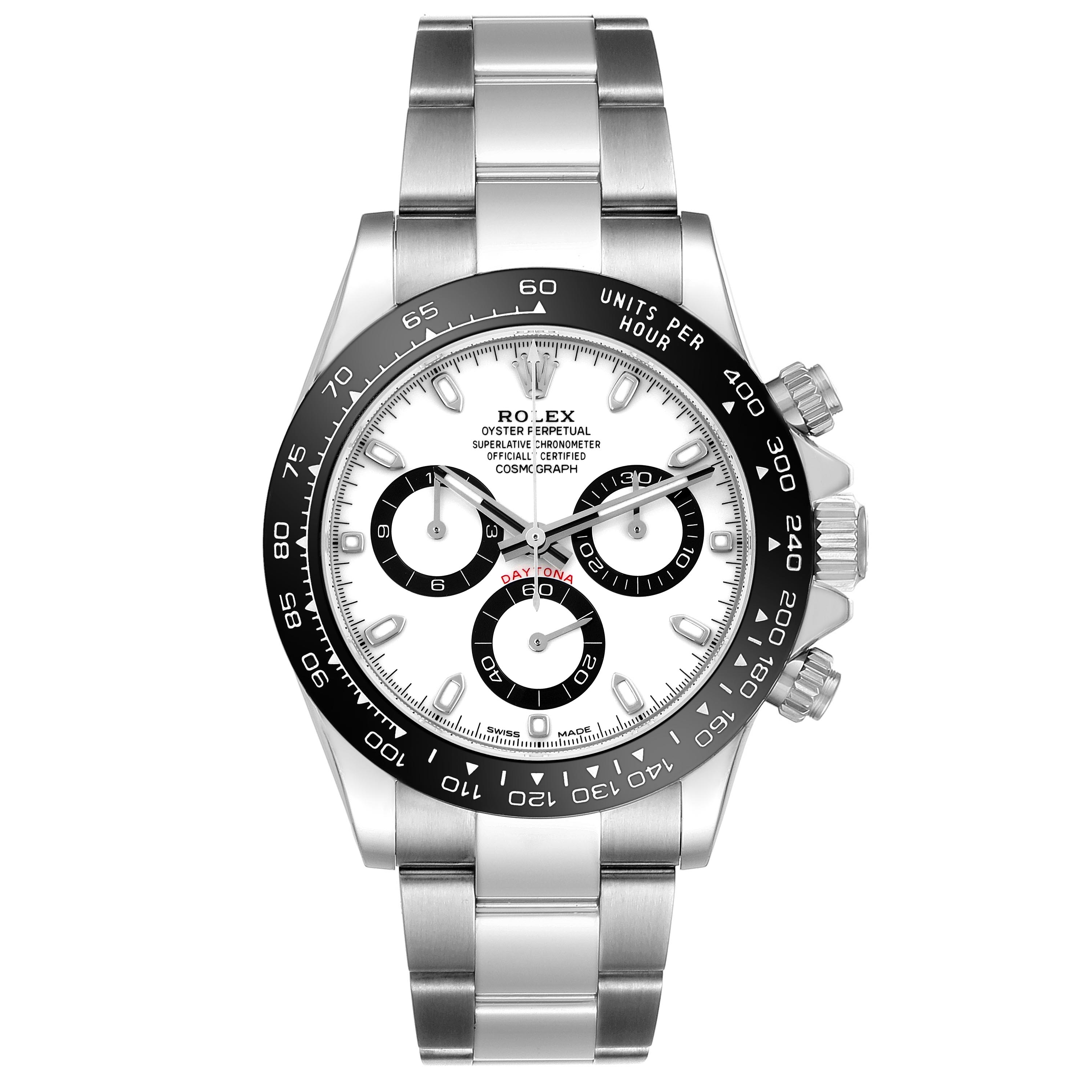 The Rolex Daytona 116500LN Men's Stainless Steel White Dial 116500LN Men's Stainless Steel White Dial watch is shown from a top-down angle, featuring the face, bezel, and bracelet.