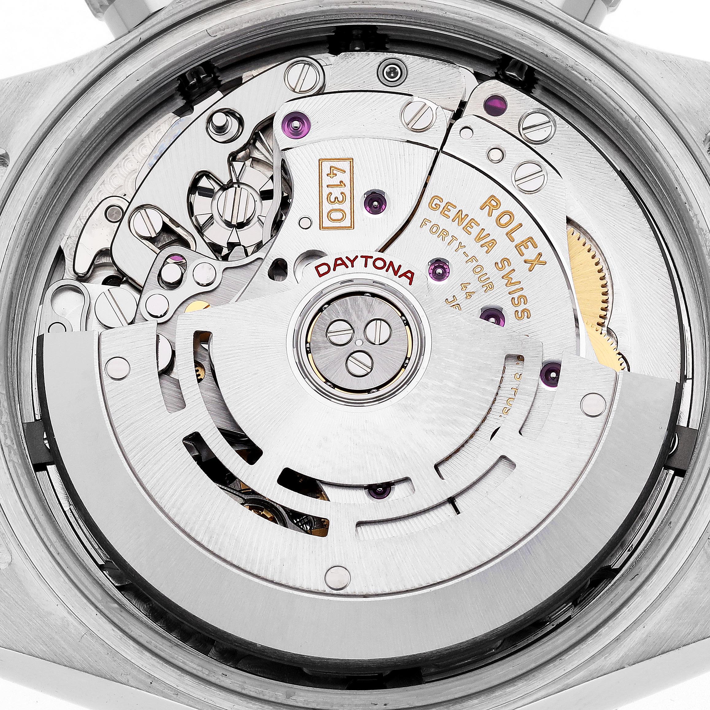 The image shows the movement of a Rolex Daytona 116500LN Men's Stainless Steel White Dial 116500LN Men's Stainless Steel White Dial watch with visible gears and engravings.