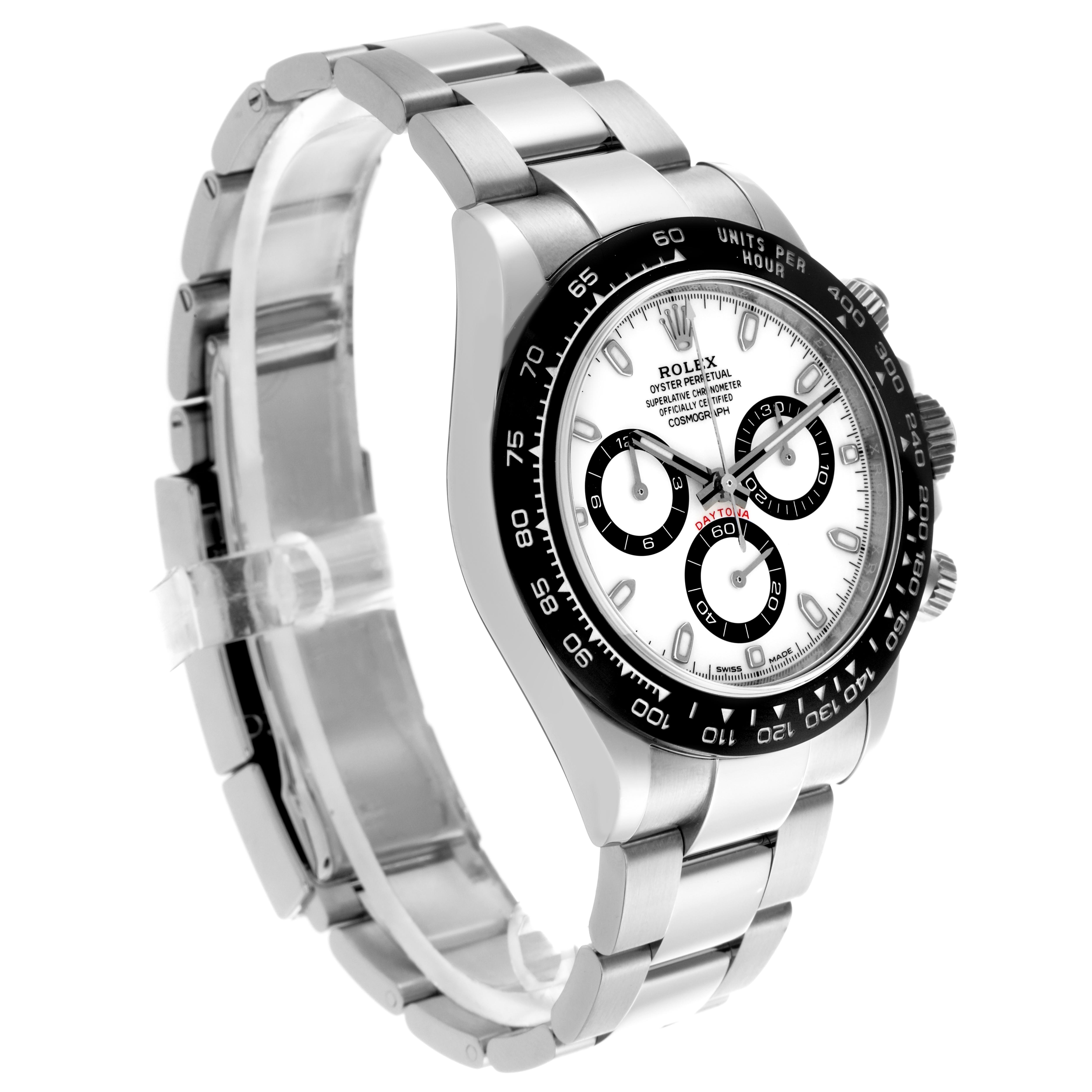 The Rolex Daytona 116500LN Men's Stainless Steel White Dial 116500LN Men's Stainless Steel White Dial watch is shown at a three-quarter angle, displaying the face, bezel, and bracelet.