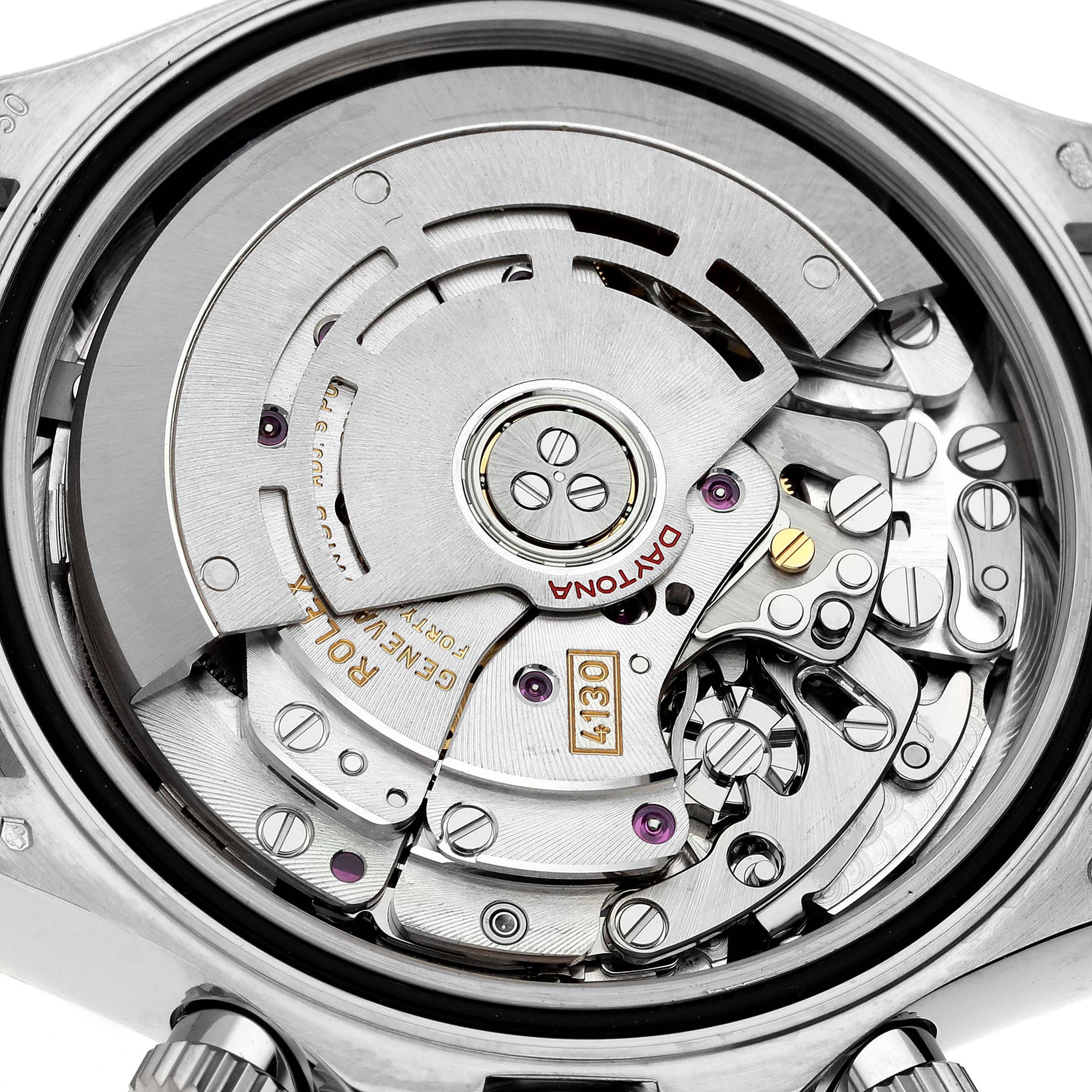 This image shows the movement mechanism of a Rolex Daytona 116519 Men's White Gold Grey Dial 116519 Men's White Gold Grey Dial watch from a rear angle with the case back removed.