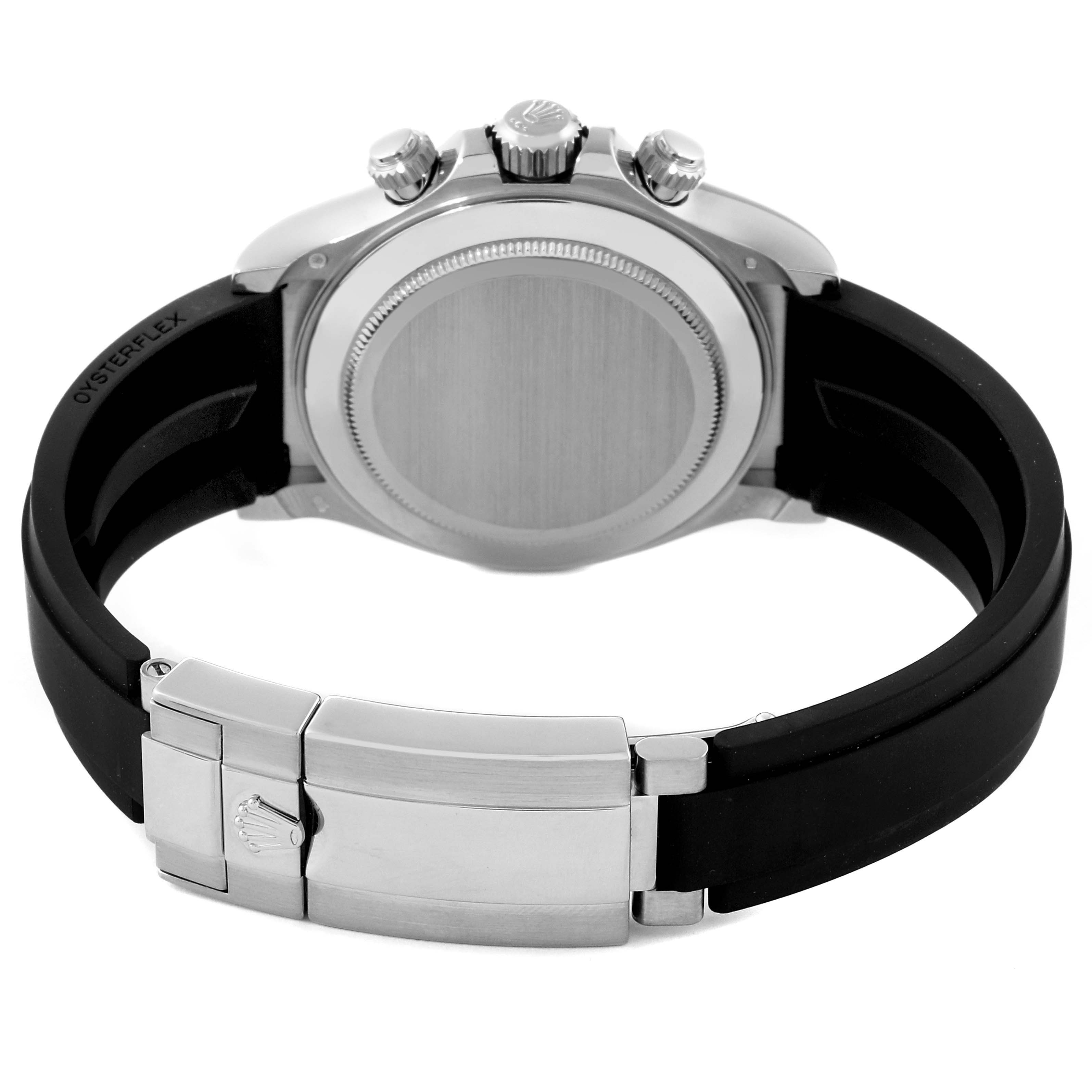 The image shows the back view of the Rolex Daytona 116519 Men's White Gold Grey Dial 116519 Men's White Gold Grey Dial watch, highlighting the caseback, crown, pushers, and Oysterflex band with clasp.