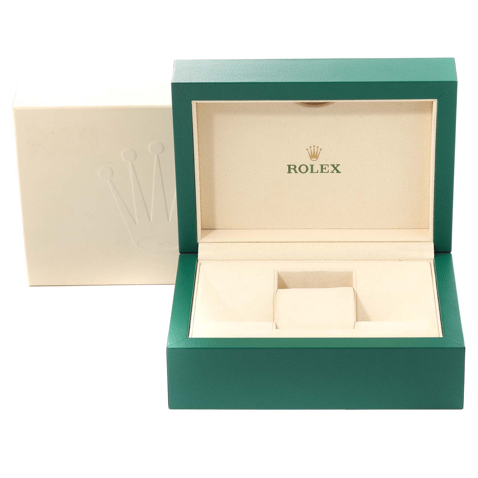 The image shows an open Rolex box for the Daytona model, revealing the interior cushion and branded lining.