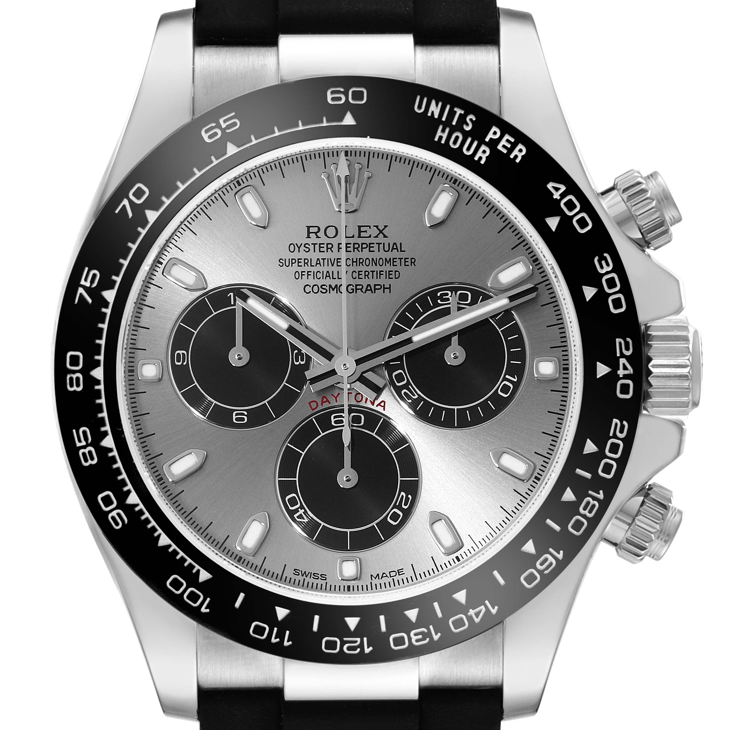 The Rolex Daytona 116519 Men's White Gold Grey Dial 116519 Men's White Gold Grey Dial watch is shown from the front, showcasing its dial, bezel, subdials, and chronograph pushers.