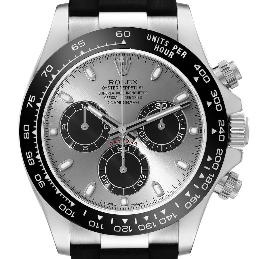 The Rolex Daytona watch is shown from the front, showcasing its dial, bezel, subdials, and chronograph pushers.