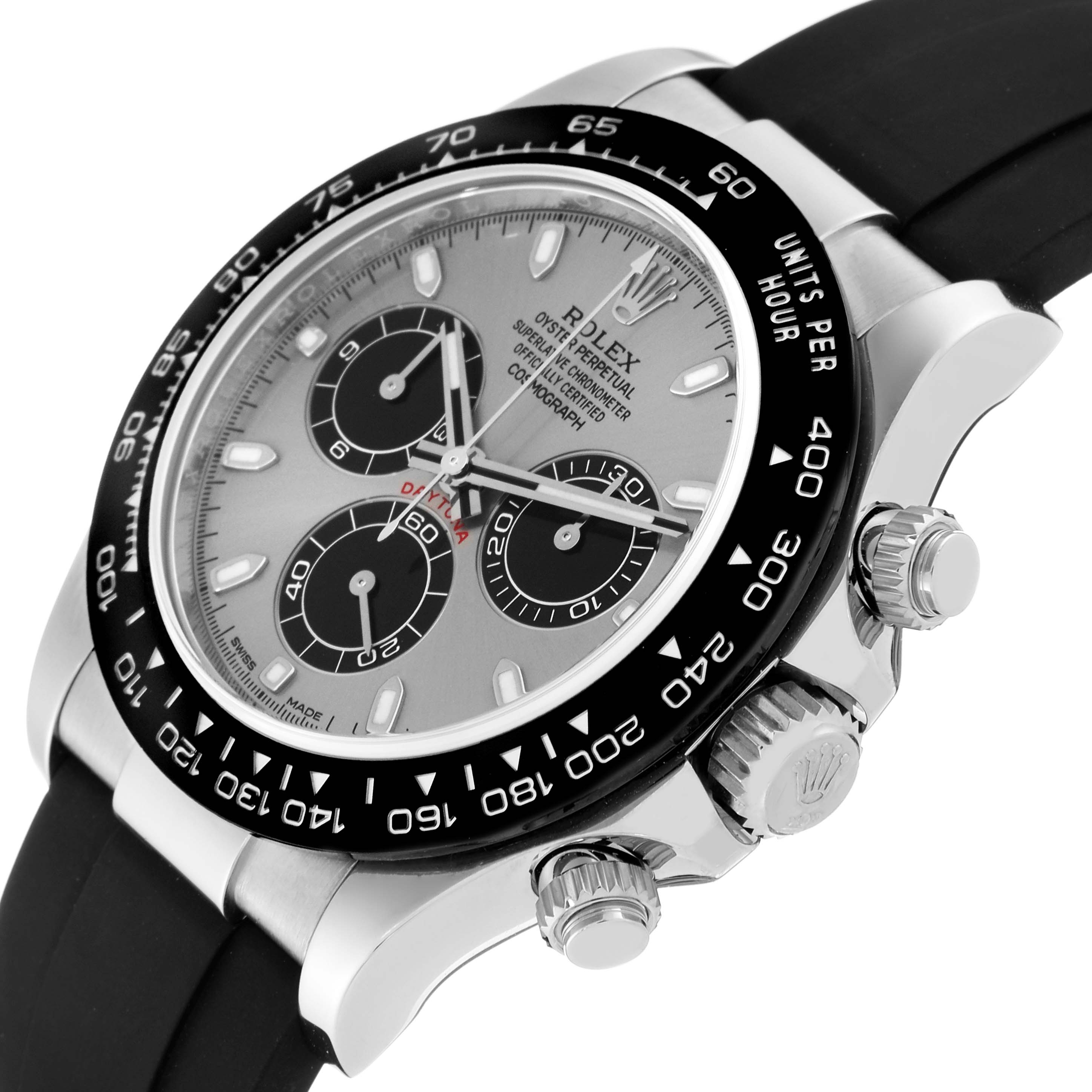 The image shows a Rolex Daytona 116519 Men's White Gold Grey Dial 116519 Men's White Gold Grey Dial watch at a slight angle, highlighting the dial, bezel, crown, and pushers.