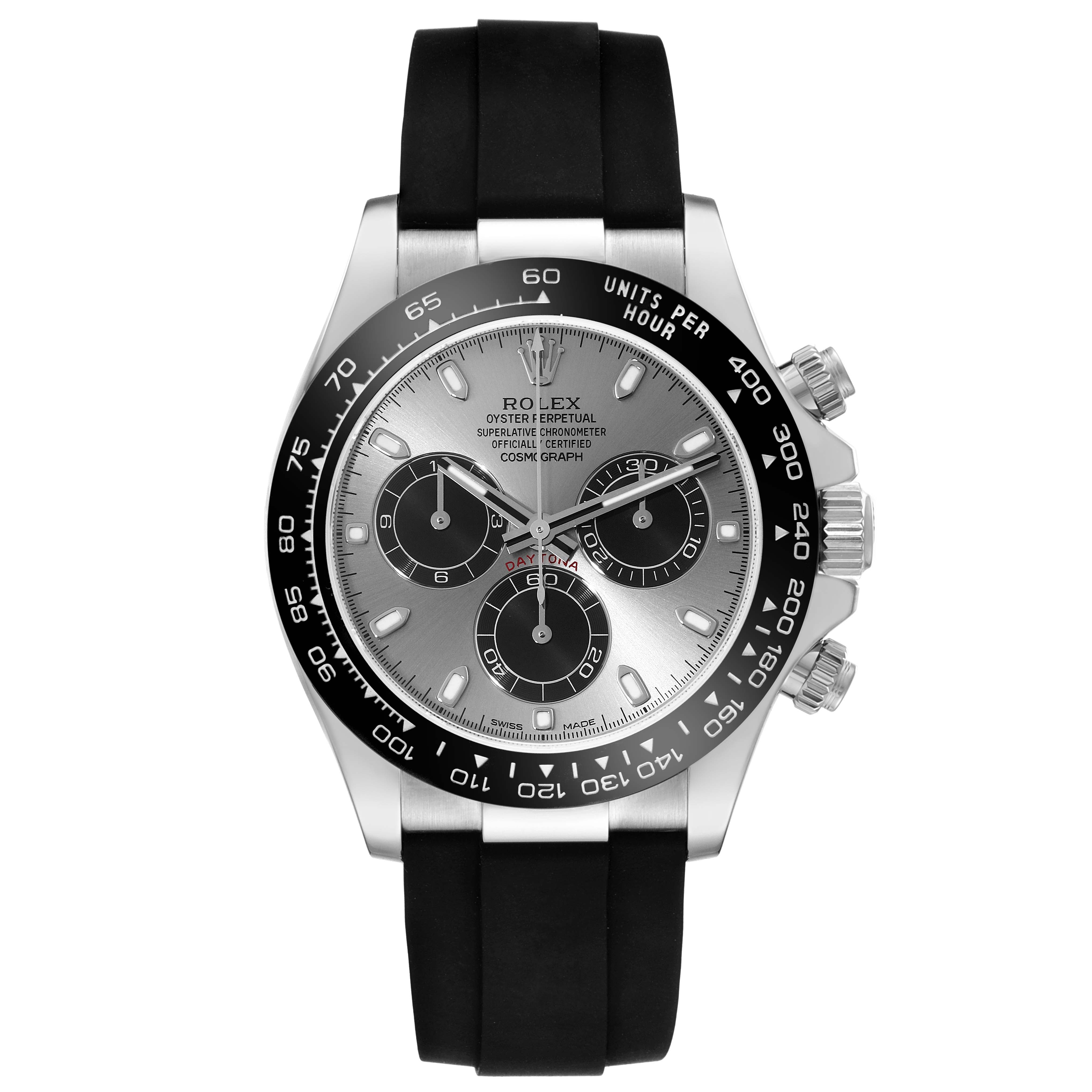 This is a frontal view of a Rolex Daytona 116519 Men's White Gold Grey Dial 116519 Men's White Gold Grey Dial watch showing the dial, bezel, chronograph subdials, and rubber strap.