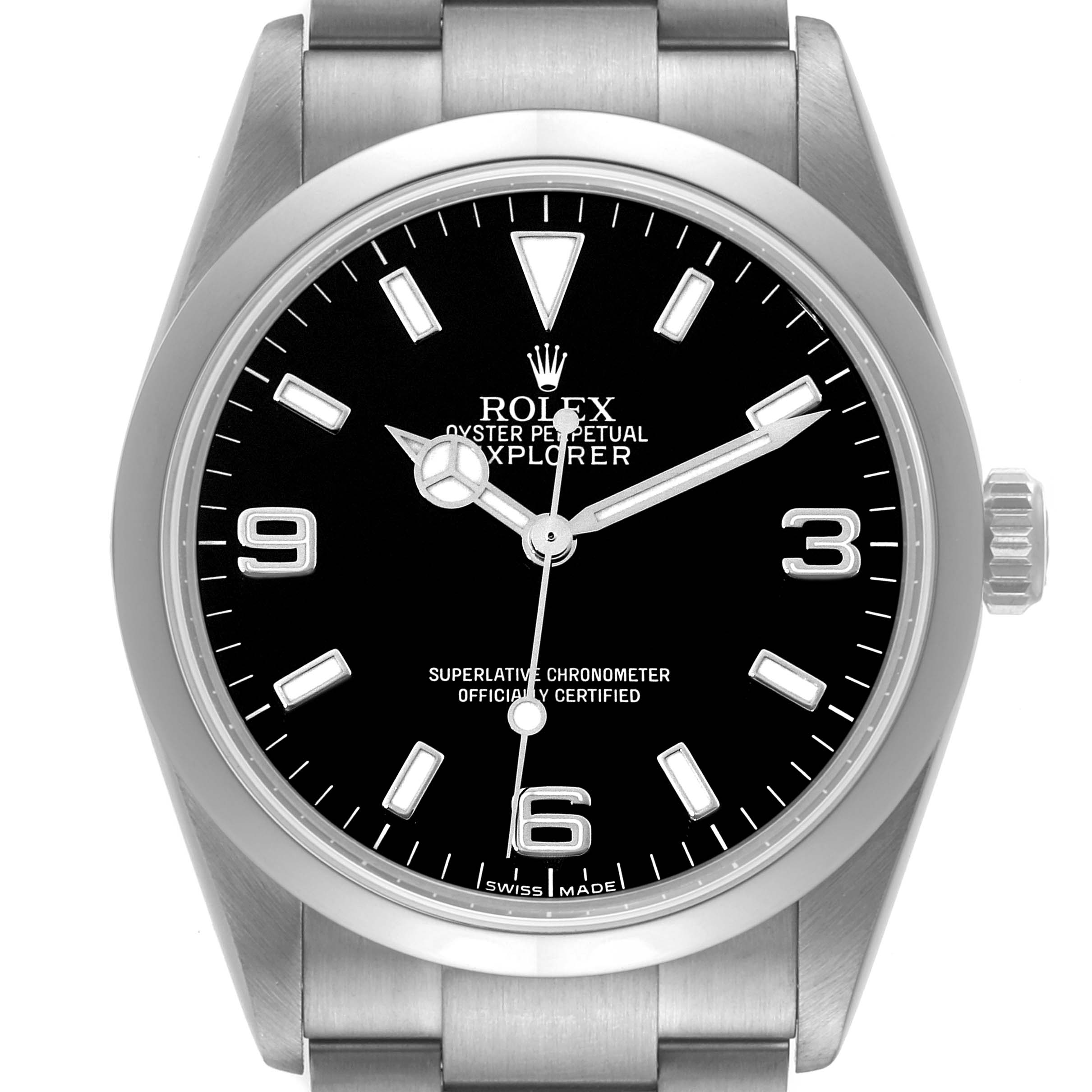 The image shows a front view of the Rolex Explorer 114270 Men
s Stainless Steel Black Dial 114270 Men
s Stainless Steel Black Dial watch face, bezel, and part of the bracelet.