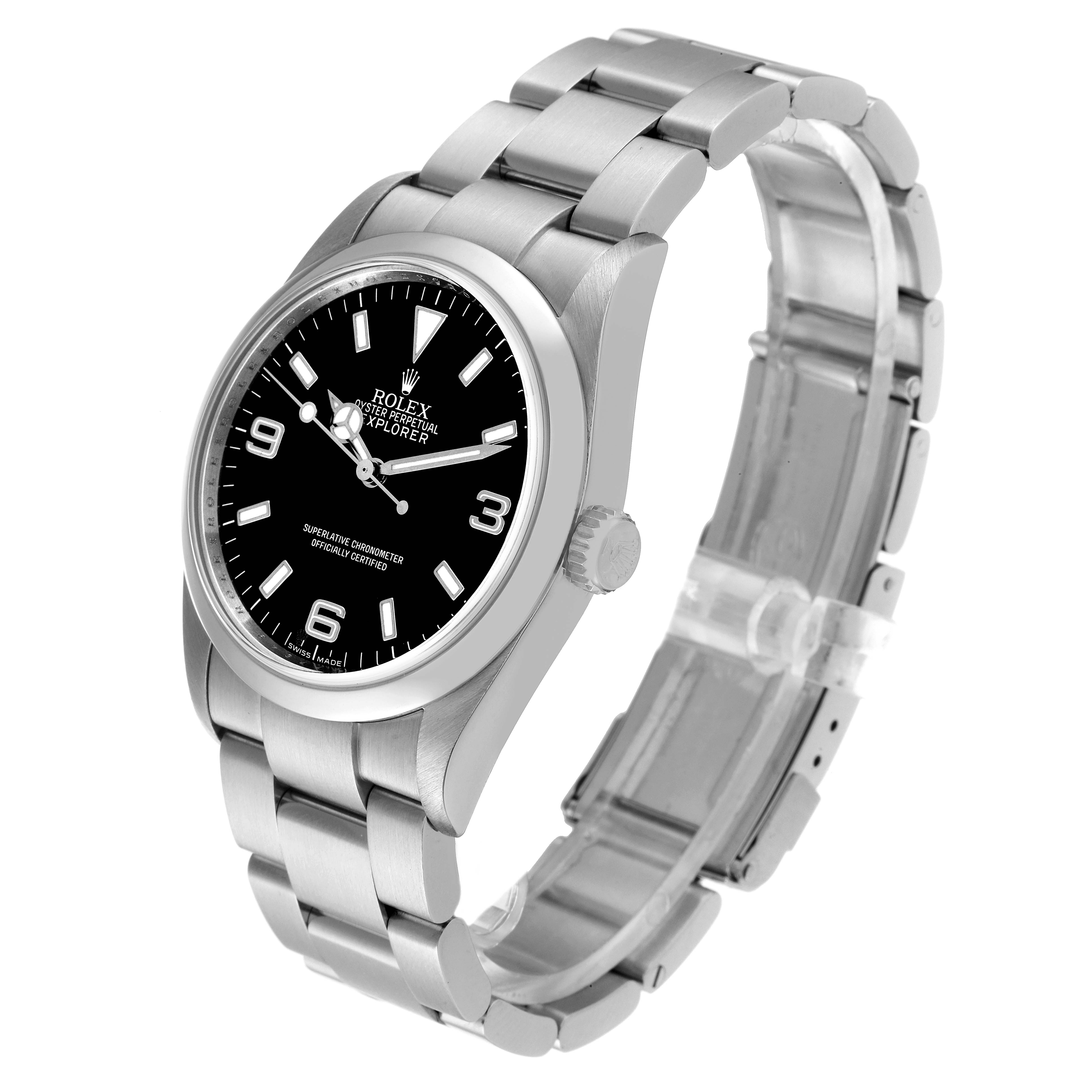The image shows a Rolex Explorer 114270 Men
s Stainless Steel Black Dial 114270 Men
s Stainless Steel Black Dial watch at a tilted angle, highlighting the dial, bezel, crown, and bracelet.