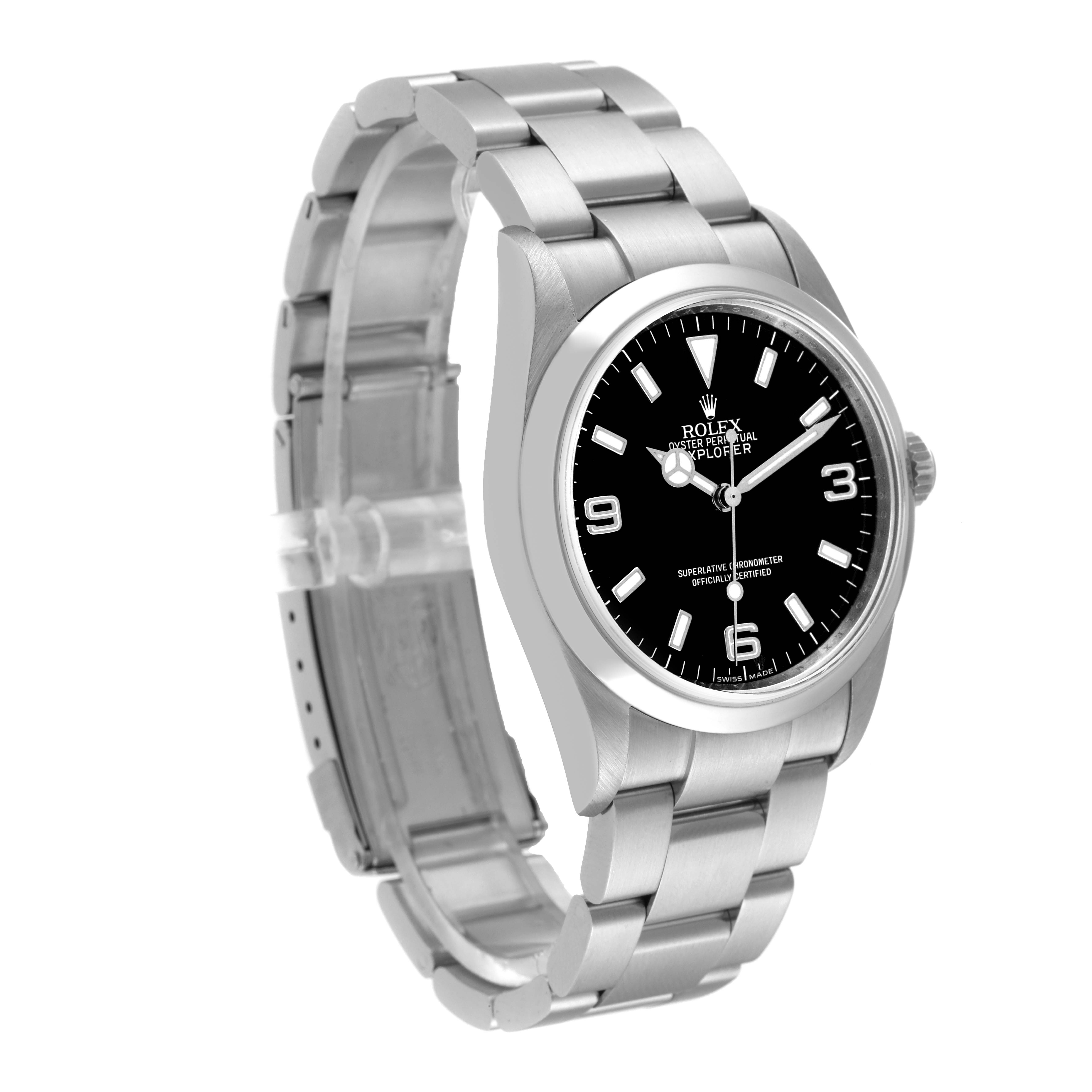 The image shows a side angle of the Rolex Explorer 114270 Men
s Stainless Steel Black Dial 114270 Men
s Stainless Steel Black Dial watch, displaying the dial, bezel, and bracelet.