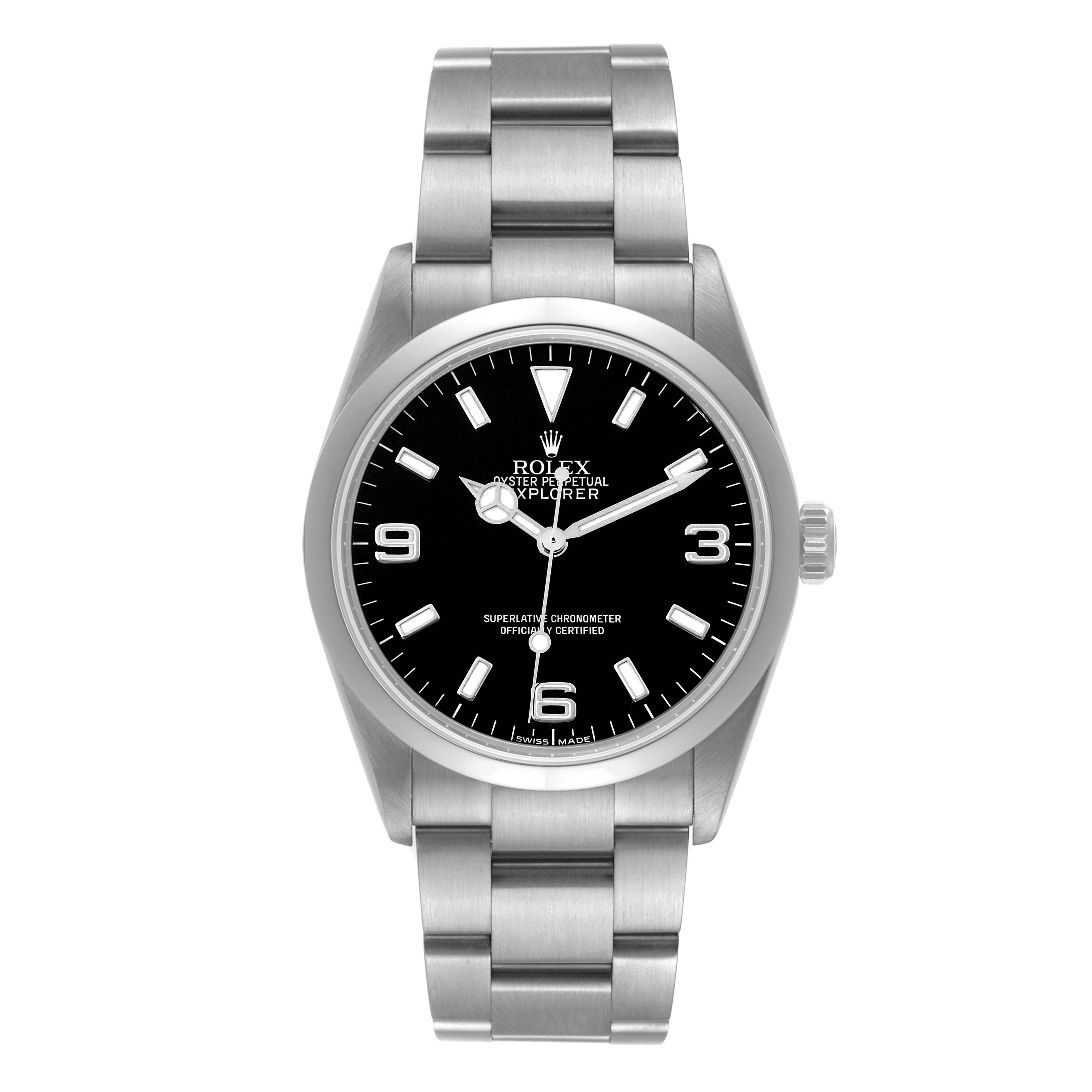 The Rolex Explorer 114270 Men
s Stainless Steel Black Dial 114270 Men
s Stainless Steel Black Dial watch is shown from the front, displaying the dial, hands, and entire bracelet.